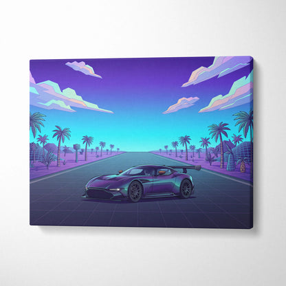 Aston Martin Vulcan Inspired Black Purple Canvas Wall Art Vaporwave Hypercar Artwork Neon Palm Road Garage Decor Retro Futuristic Sunset Print