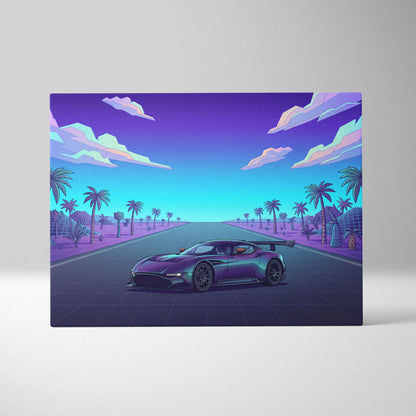 Aston Martin Vulcan Inspired Black Purple Canvas Wall Art Vaporwave Hypercar Artwork Neon Palm Road Garage Decor Retro Futuristic Sunset Print
