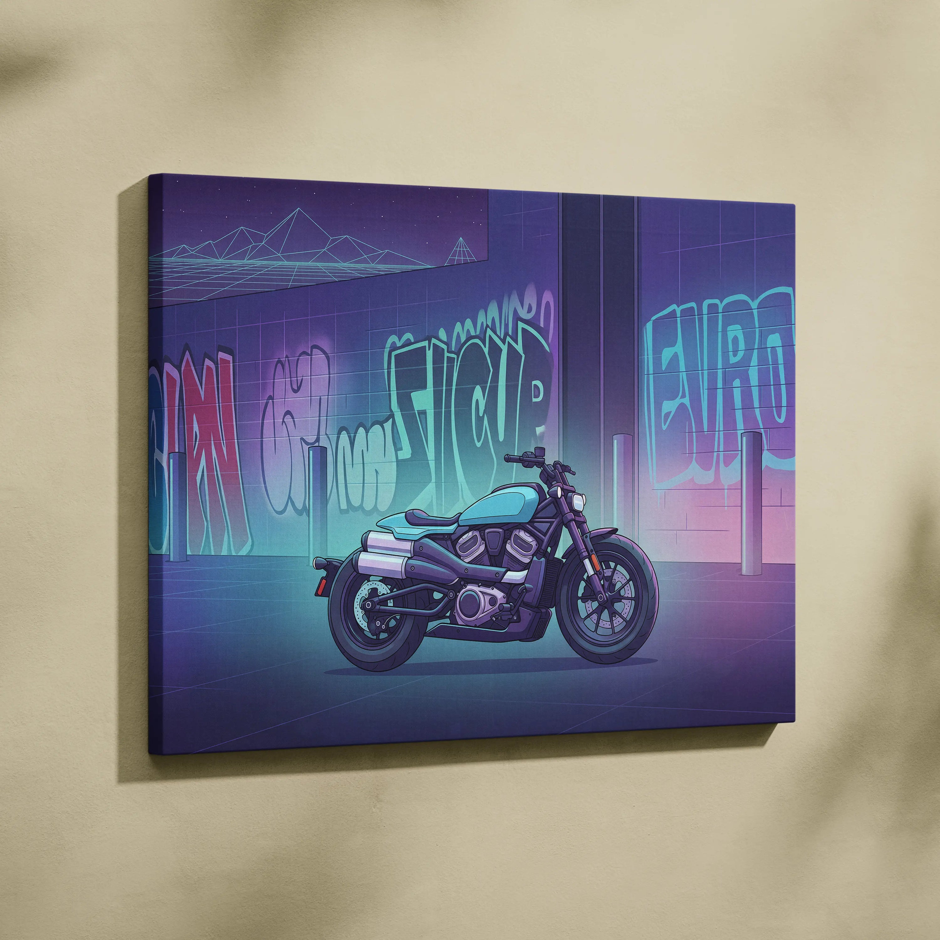 Sportster S Inspired Teal Purple Motorcycle Canvas Wall Art Vaporwave Graffiti Cruiser Artwork for Garage Decor Retro Futuristic Print