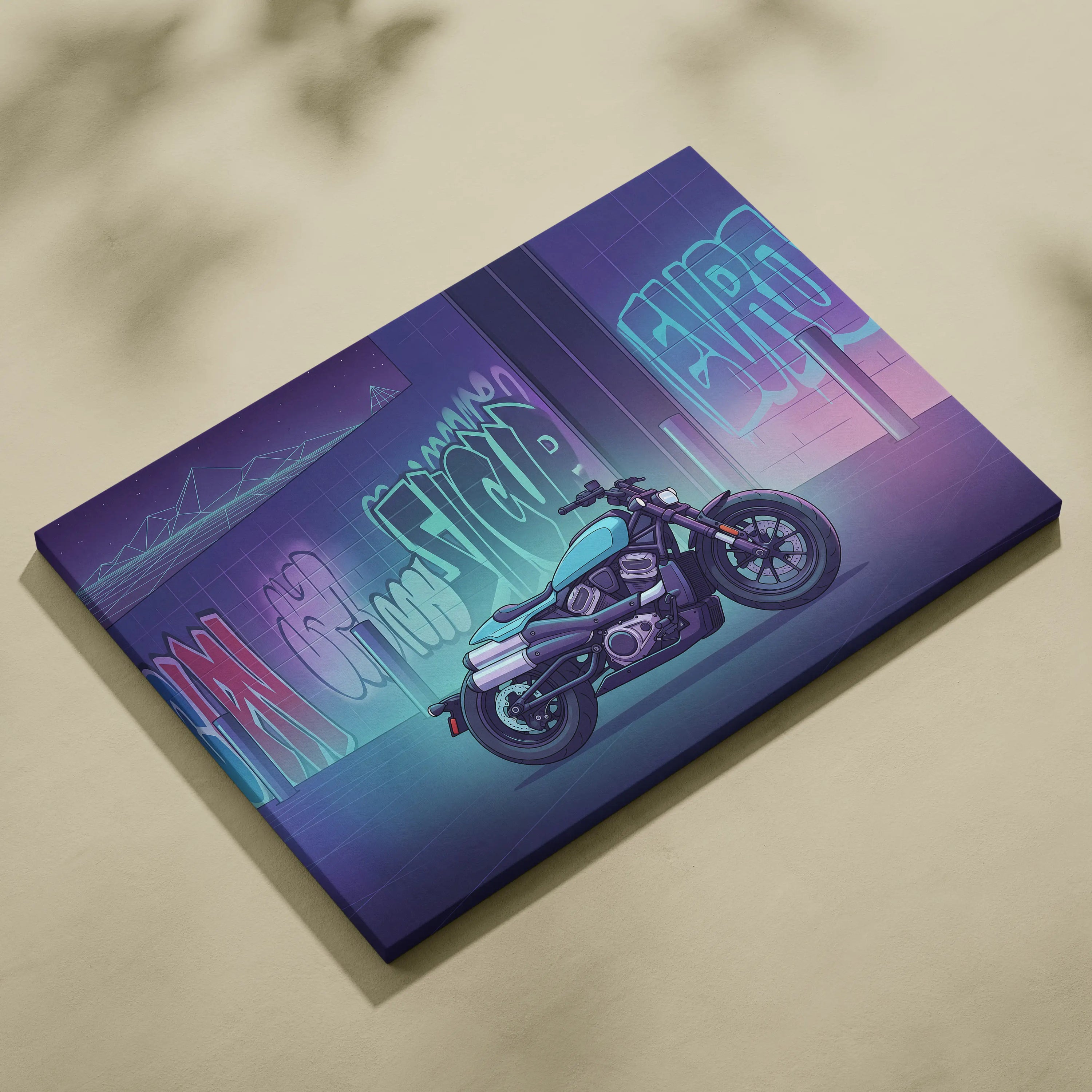 Sportster S Inspired Teal Purple Motorcycle Canvas Wall Art Vaporwave Graffiti Cruiser Artwork for Garage Decor Retro Futuristic Print