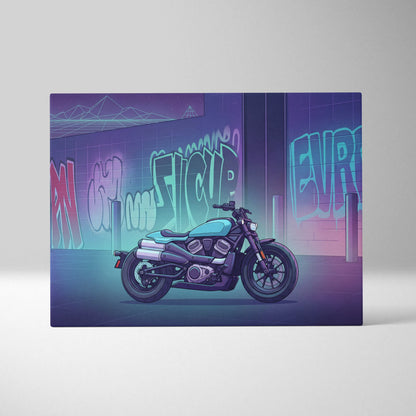 Sportster S Inspired Teal Purple Motorcycle Canvas Wall Art Vaporwave Graffiti Cruiser Artwork for Garage Decor Retro Futuristic Print