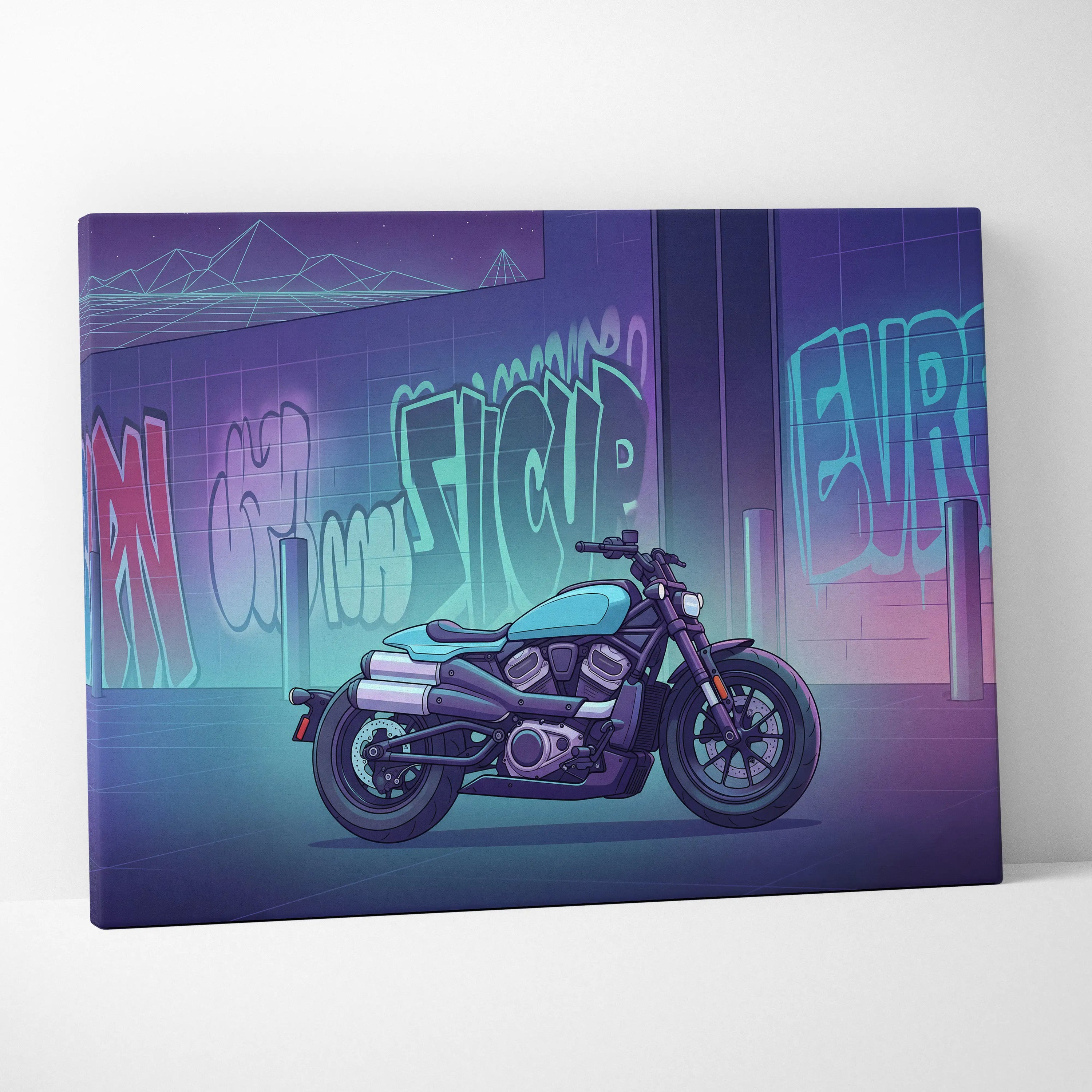 Sportster S Inspired Teal Purple Motorcycle Canvas Wall Art Vaporwave Graffiti Cruiser Artwork for Garage Decor Retro Futuristic Print