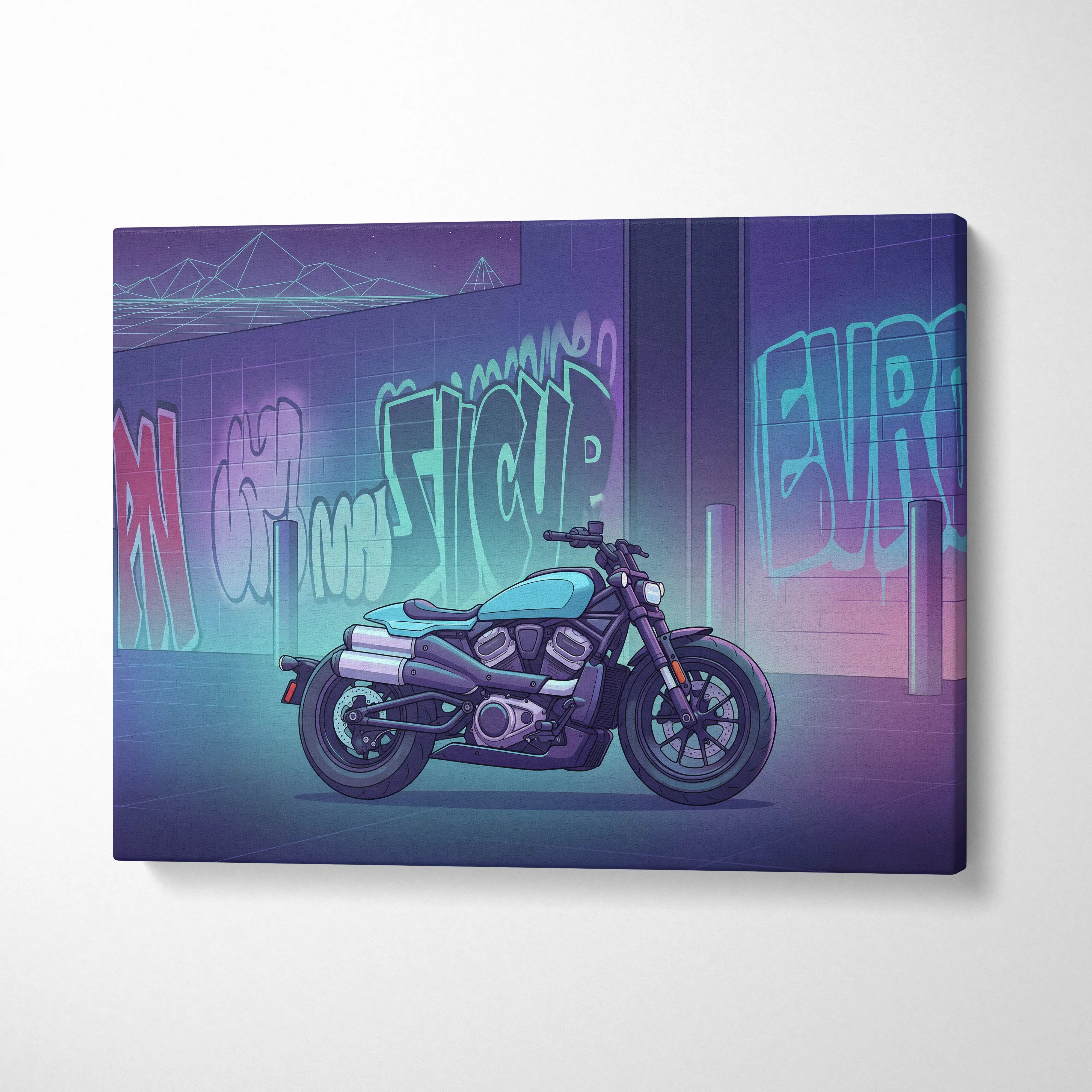 Sportster S Inspired Teal Purple Motorcycle Canvas Wall Art Vaporwave Graffiti Cruiser Artwork for Garage Decor Retro Futuristic Print