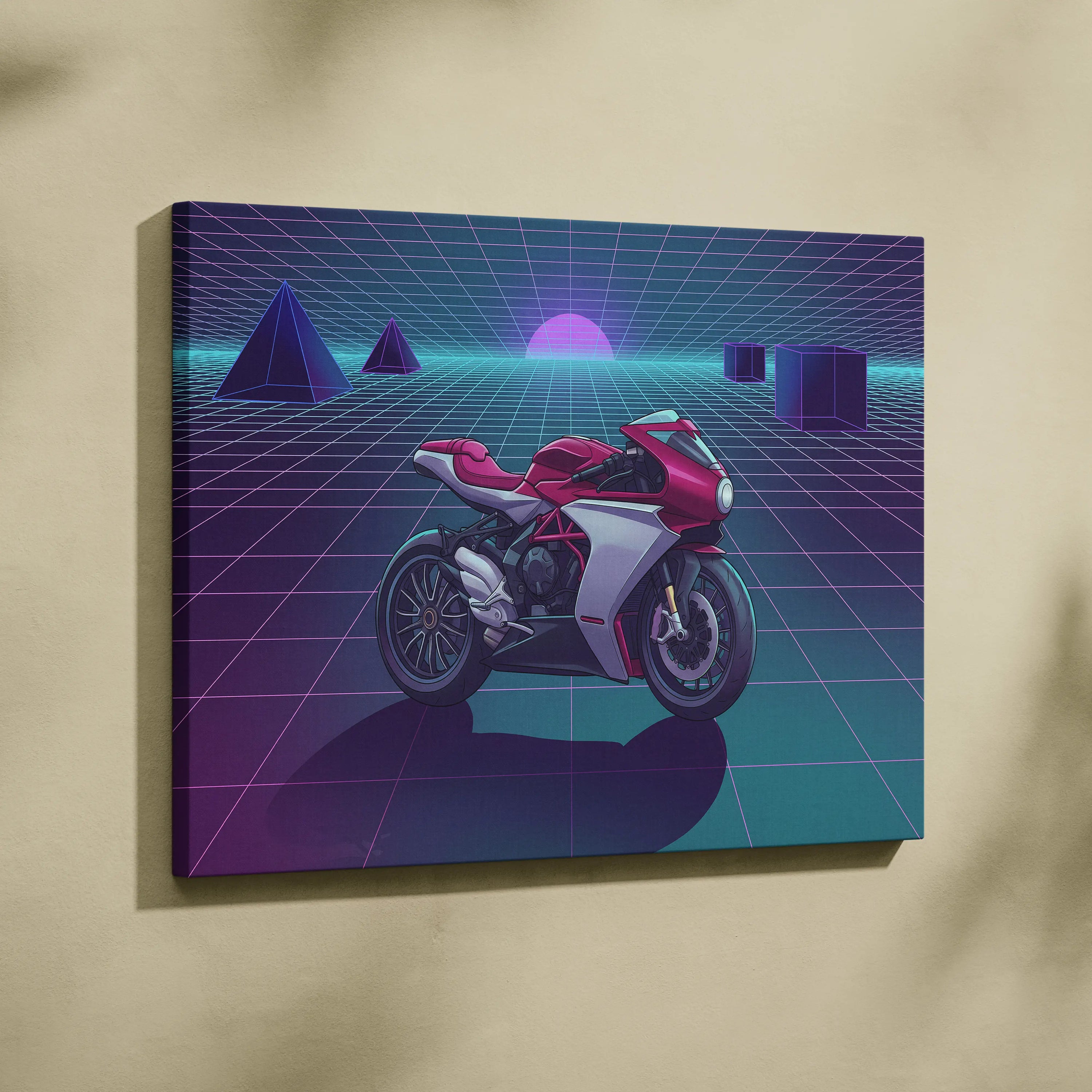 MV Agusta Superveloce Inspired Red Silver Vaporwave Motorcycle Canvas Wall Art Neon Grid Sportbike Artwork Retro Futuristic Garage Decor