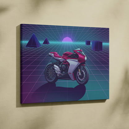 MV Agusta Superveloce Inspired Red Silver Vaporwave Motorcycle Canvas Wall Art Neon Grid Sportbike Artwork Retro Futuristic Garage Decor