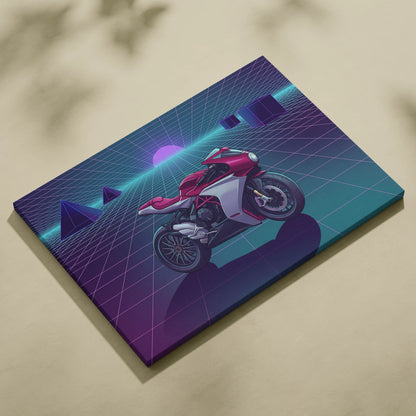 MV Agusta Superveloce Inspired Red Silver Vaporwave Motorcycle Canvas Wall Art Neon Grid Sportbike Artwork Retro Futuristic Garage Decor