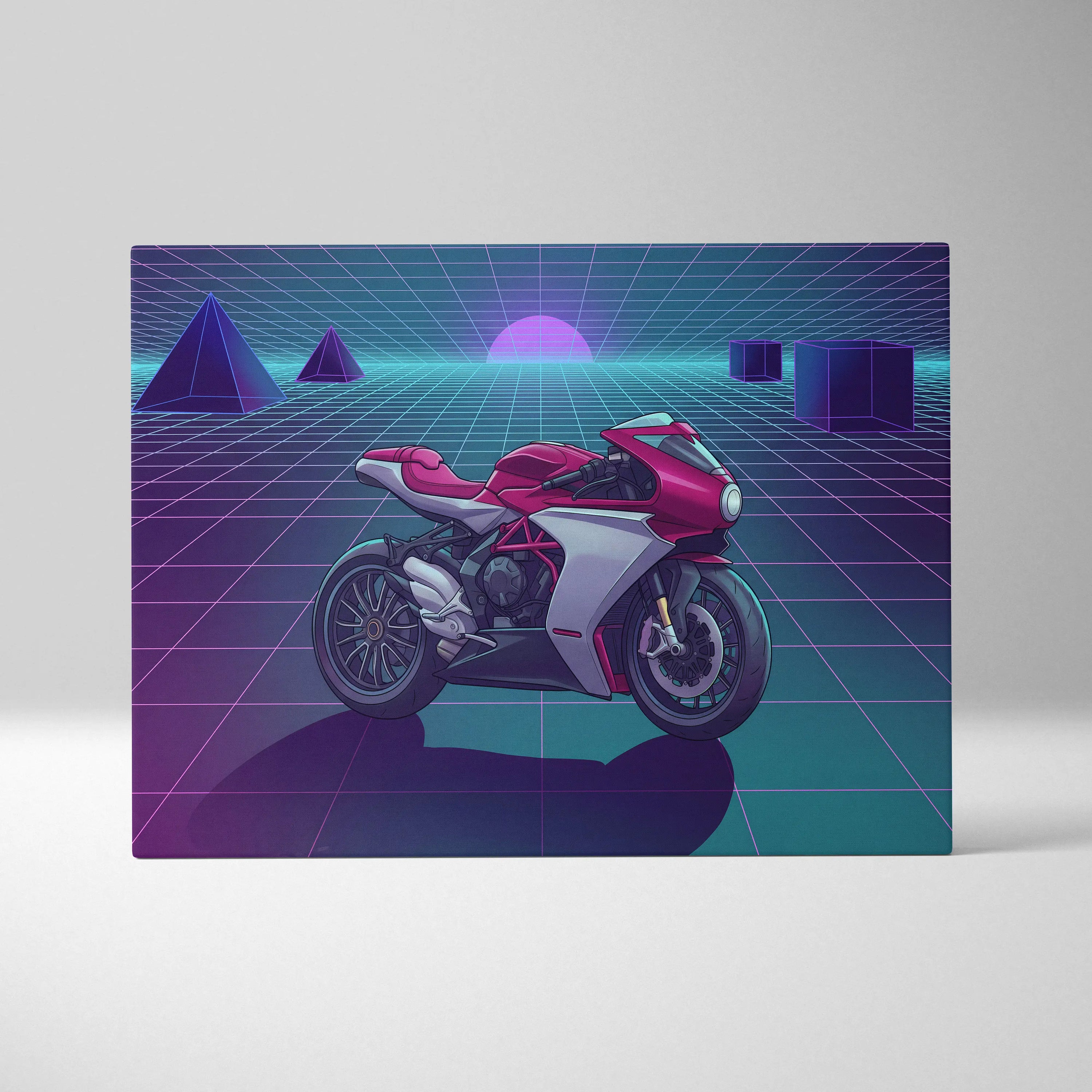MV Agusta Superveloce Inspired Red Silver Vaporwave Motorcycle Canvas Wall Art Neon Grid Sportbike Artwork Retro Futuristic Garage Decor