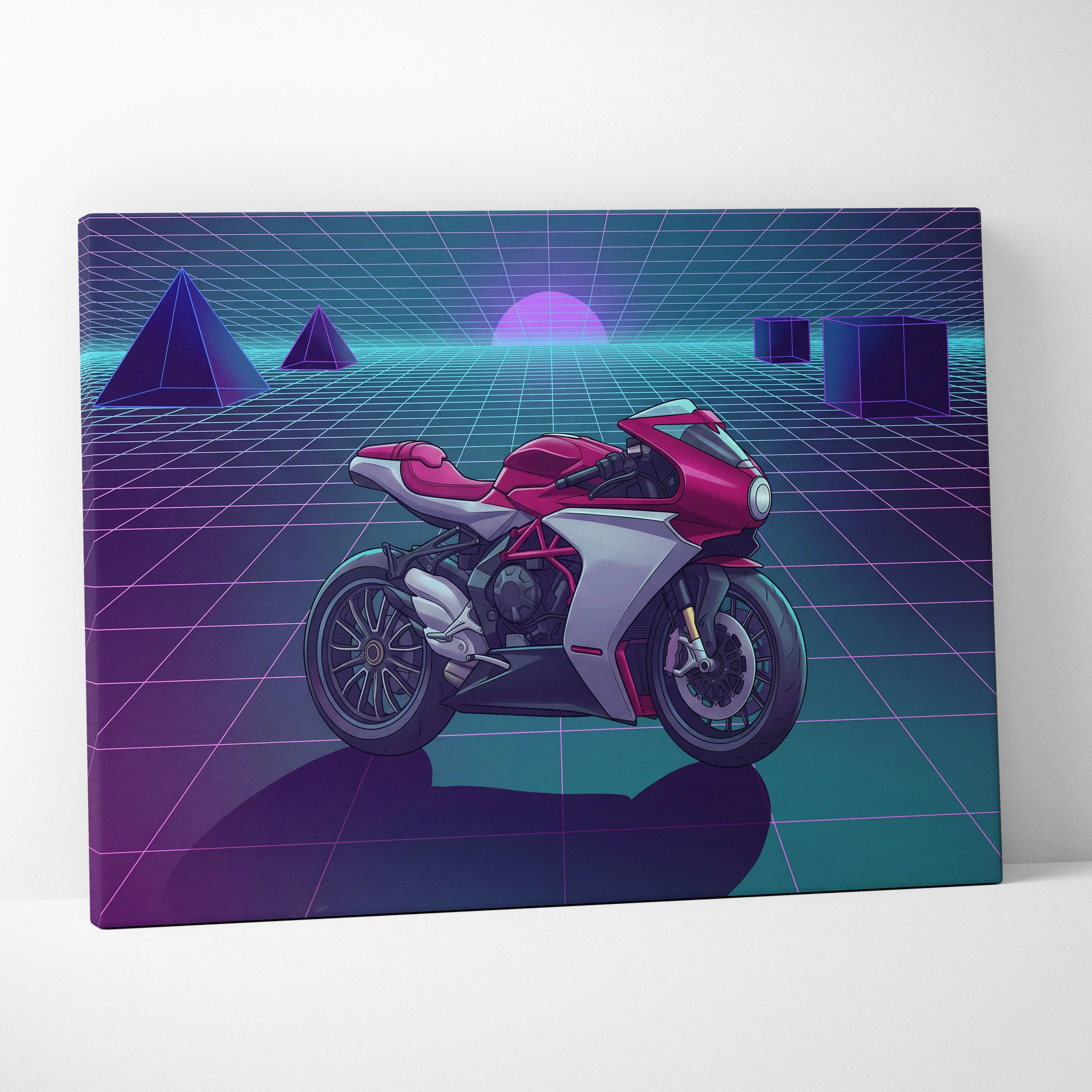 MV Agusta Superveloce Inspired Red Silver Vaporwave Motorcycle Canvas Wall Art Neon Grid Sportbike Artwork Retro Futuristic Garage Decor
