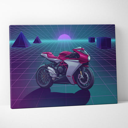 MV Agusta Superveloce Inspired Red Silver Vaporwave Motorcycle Canvas Wall Art Neon Grid Sportbike Artwork Retro Futuristic Garage Decor