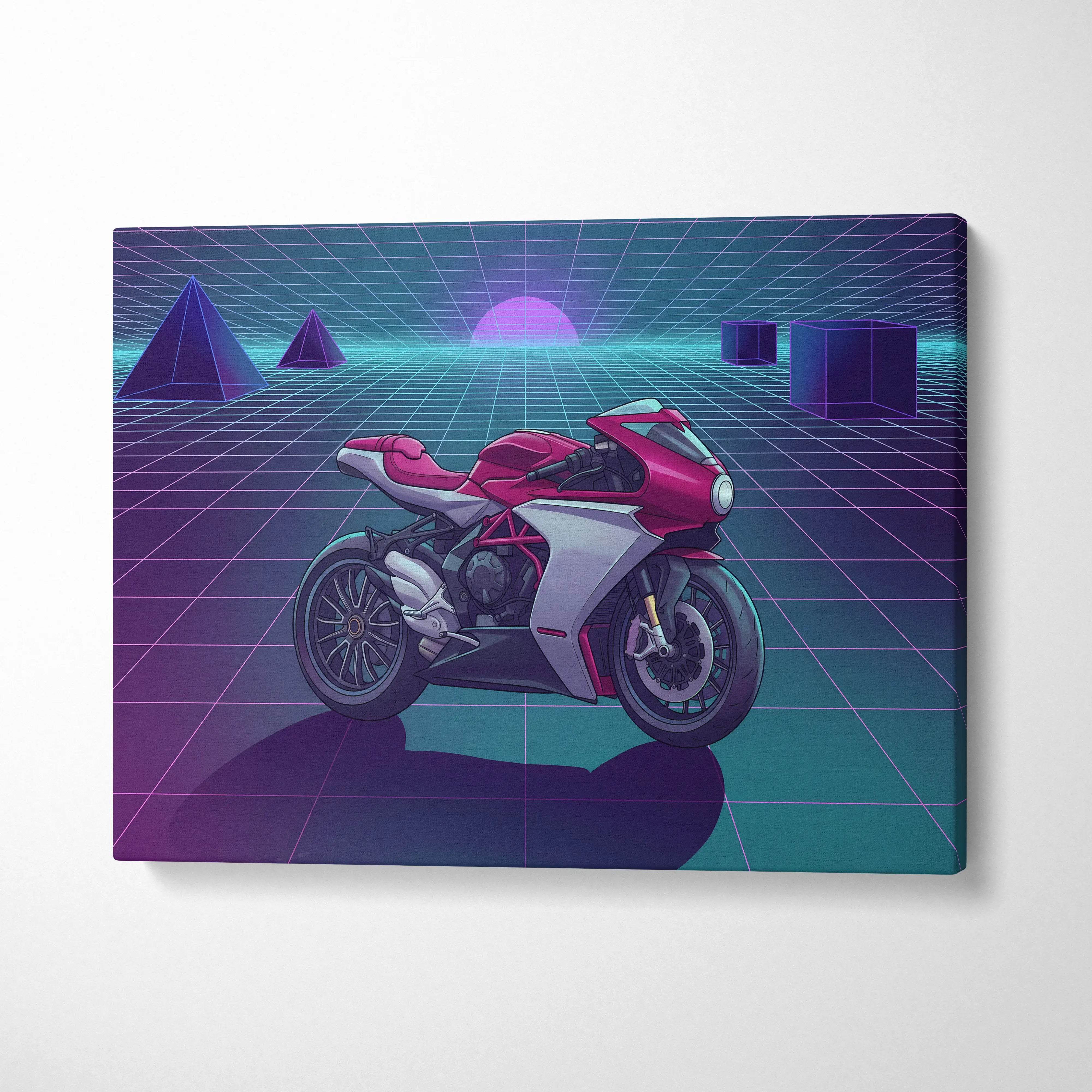MV Agusta Superveloce Inspired Red Silver Vaporwave Motorcycle Canvas Wall Art Neon Grid Sportbike Artwork Retro Futuristic Garage Decor