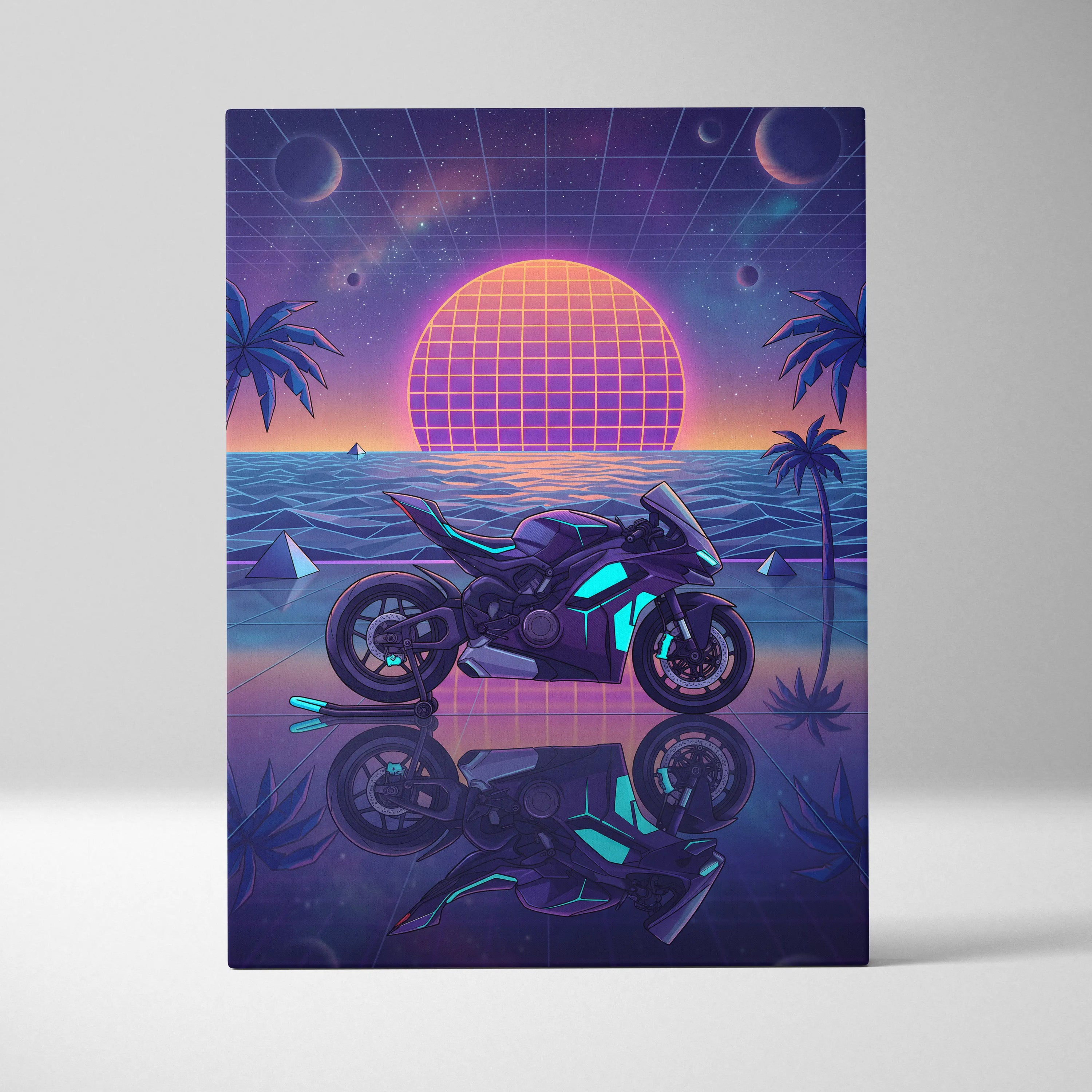 Ducati Panigale V4 Inspired Purple Blue Motorcycle Canvas Wall Art Vaporwave Neon Sunset Sportbike Artwork for Garage Decor Retro Futuristic Print