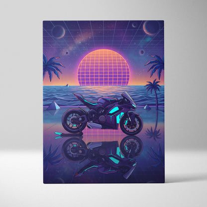 Ducati Panigale V4 Inspired Purple Blue Motorcycle Canvas Wall Art Vaporwave Neon Sunset Sportbike Artwork for Garage Decor Retro Futuristic Print