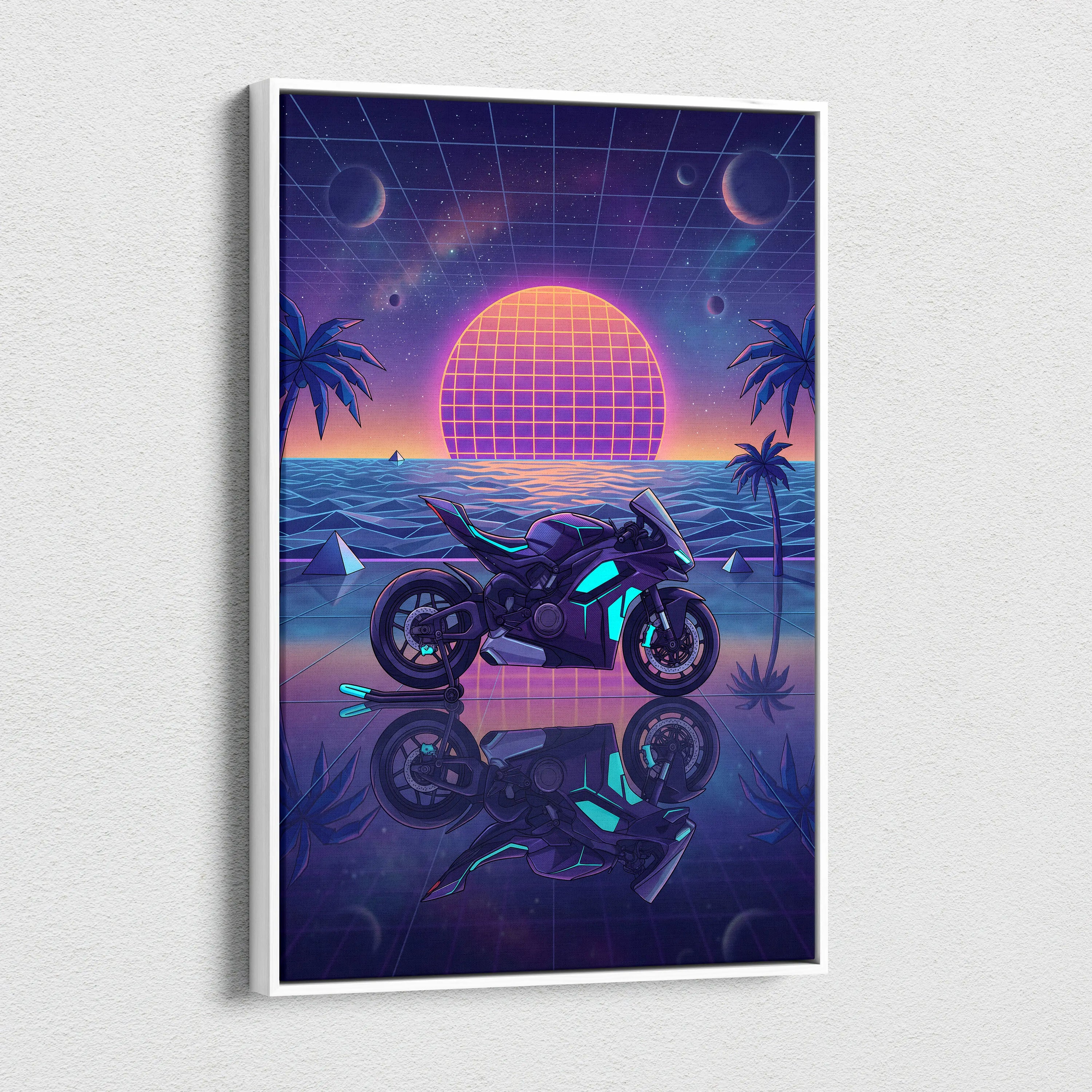 Ducati Panigale V4 Inspired Purple Blue Motorcycle Canvas Wall Art Vaporwave Neon Sunset Sportbike Artwork for Garage Decor Retro Futuristic Print