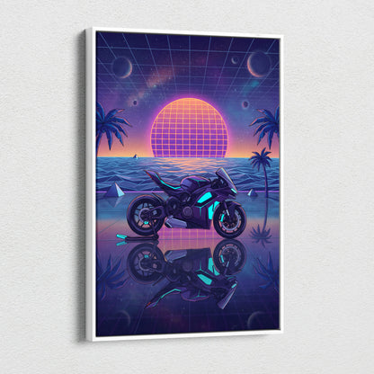 Ducati Panigale V4 Inspired Purple Blue Motorcycle Canvas Wall Art Vaporwave Neon Sunset Sportbike Artwork for Garage Decor Retro Futuristic Print