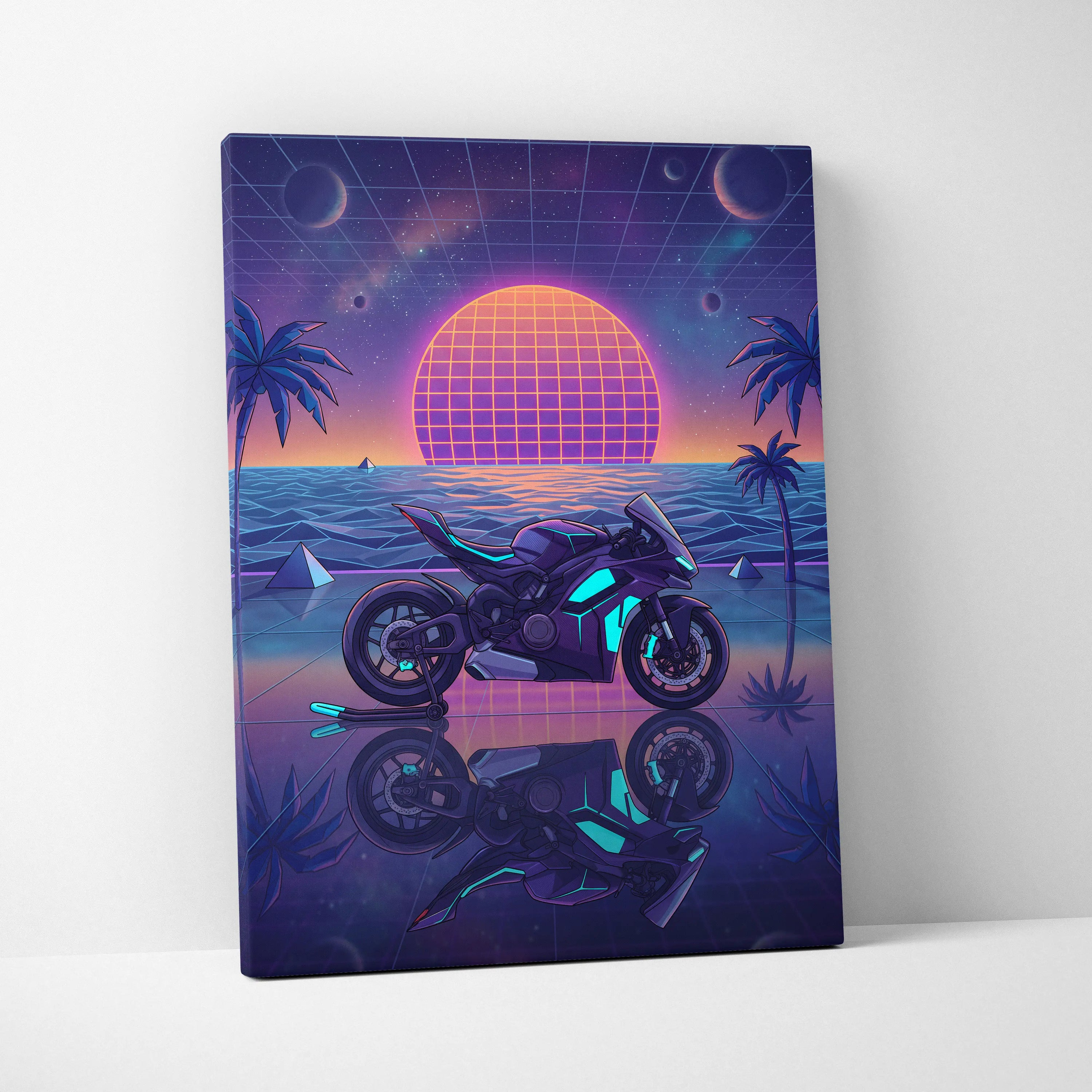 Ducati Panigale V4 Inspired Purple Blue Motorcycle Canvas Wall Art Vaporwave Neon Sunset Sportbike Artwork for Garage Decor Retro Futuristic Print