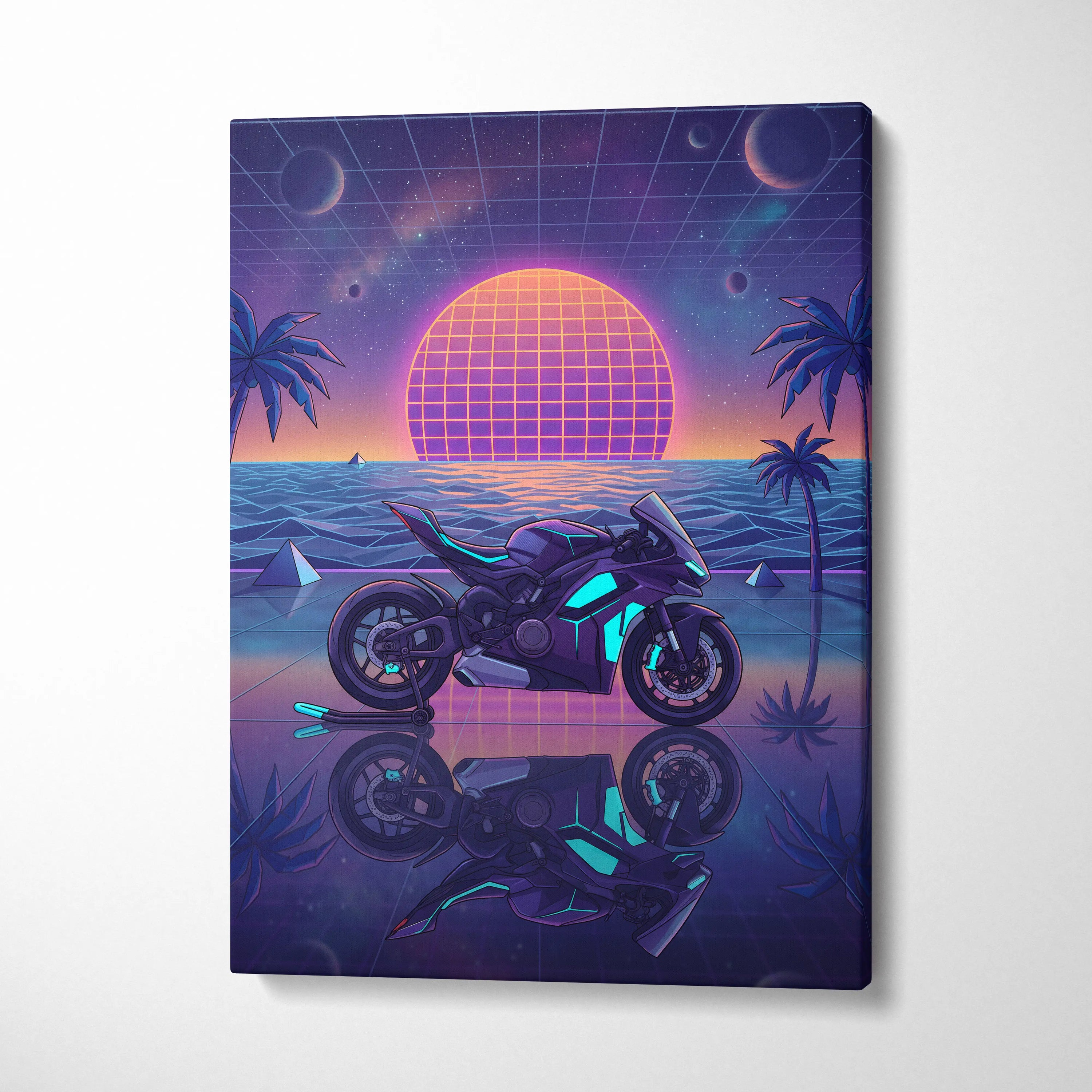 Ducati Panigale V4 Inspired Purple Blue Motorcycle Canvas Wall Art Vaporwave Neon Sunset Sportbike Artwork for Garage Decor Retro Futuristic Print