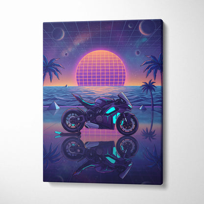 Ducati Panigale V4 Inspired Purple Blue Motorcycle Canvas Wall Art Vaporwave Neon Sunset Sportbike Artwork for Garage Decor Retro Futuristic Print