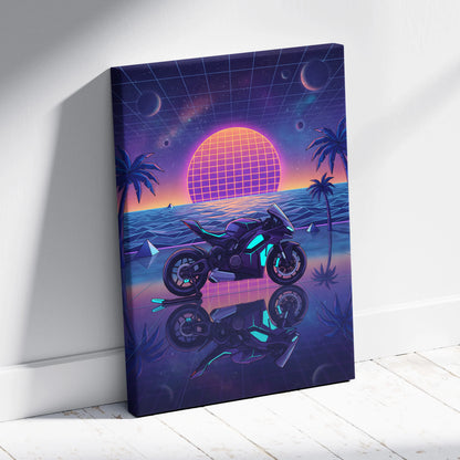 Ducati Panigale V4 Inspired Purple Blue Motorcycle Canvas Wall Art Vaporwave Neon Sunset Sportbike Artwork for Garage Decor Retro Futuristic Print