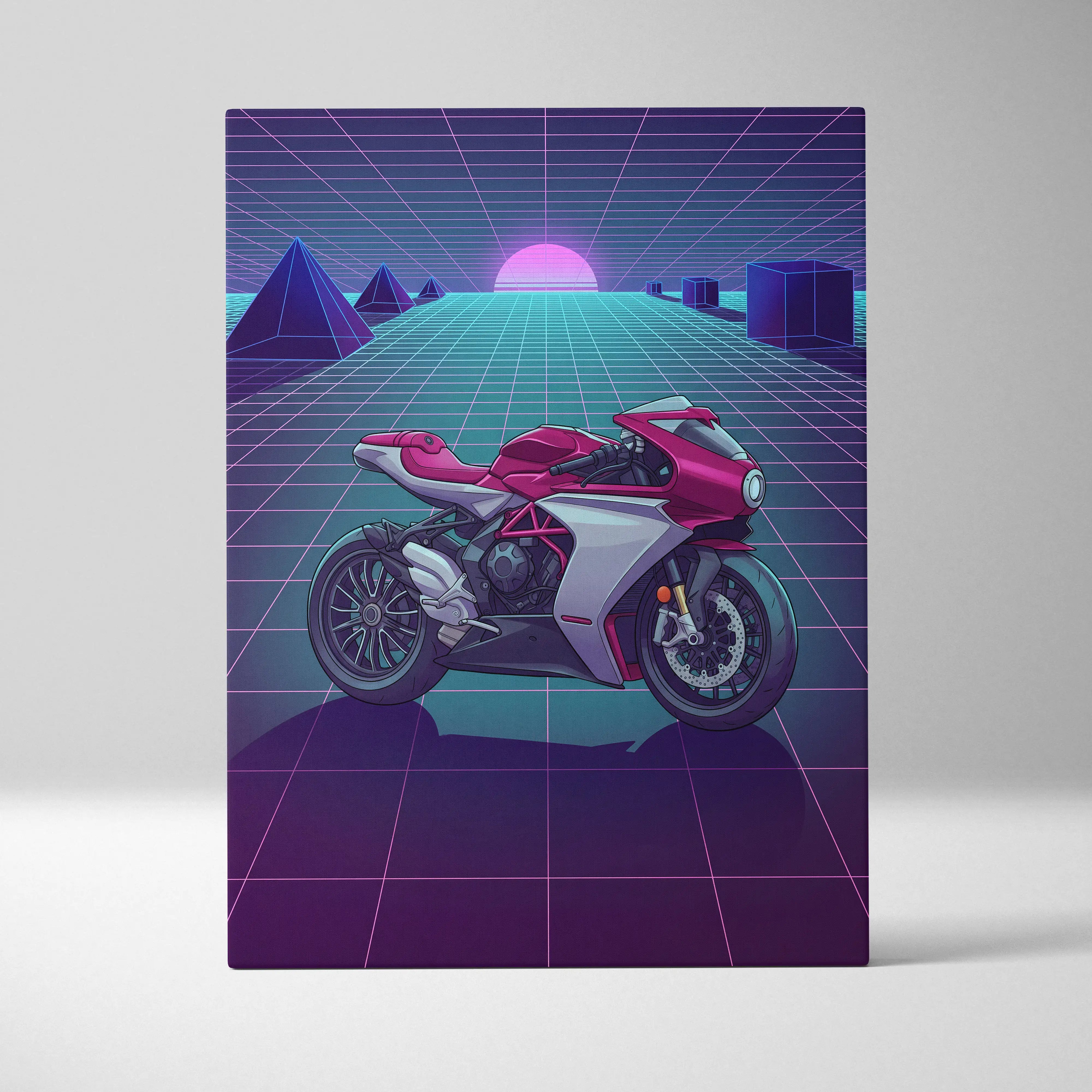 MV Agusta Superveloce Inspired Red Silver Vaporwave Motorcycle Canvas Wall Art Neon Grid Sportbike Artwork Retro Futuristic Garage Decor