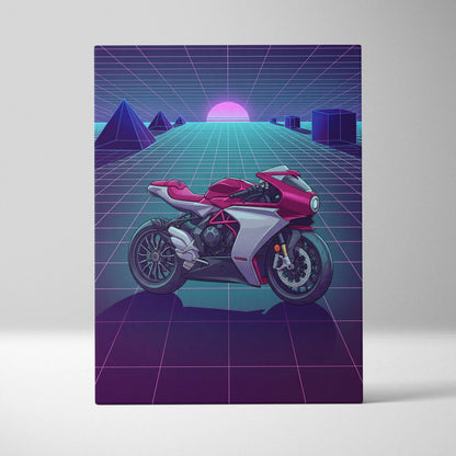 MV Agusta Superveloce Inspired Red Silver Vaporwave Motorcycle Canvas Wall Art Neon Grid Sportbike Artwork Retro Futuristic Garage Decor