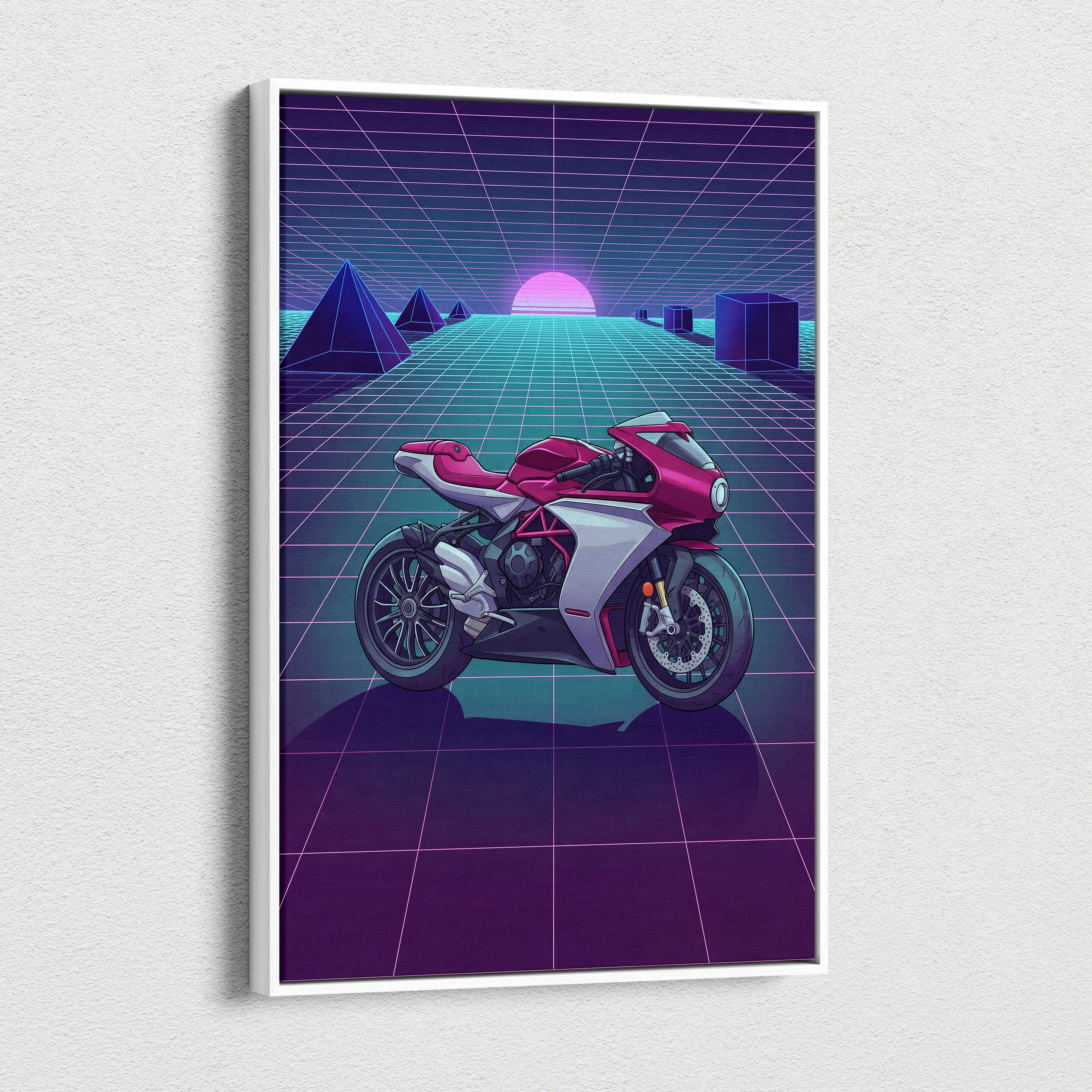 MV Agusta Superveloce Inspired Red Silver Vaporwave Motorcycle Canvas Wall Art Neon Grid Sportbike Artwork Retro Futuristic Garage Decor