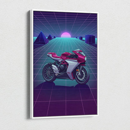 MV Agusta Superveloce Inspired Red Silver Vaporwave Motorcycle Canvas Wall Art Neon Grid Sportbike Artwork Retro Futuristic Garage Decor