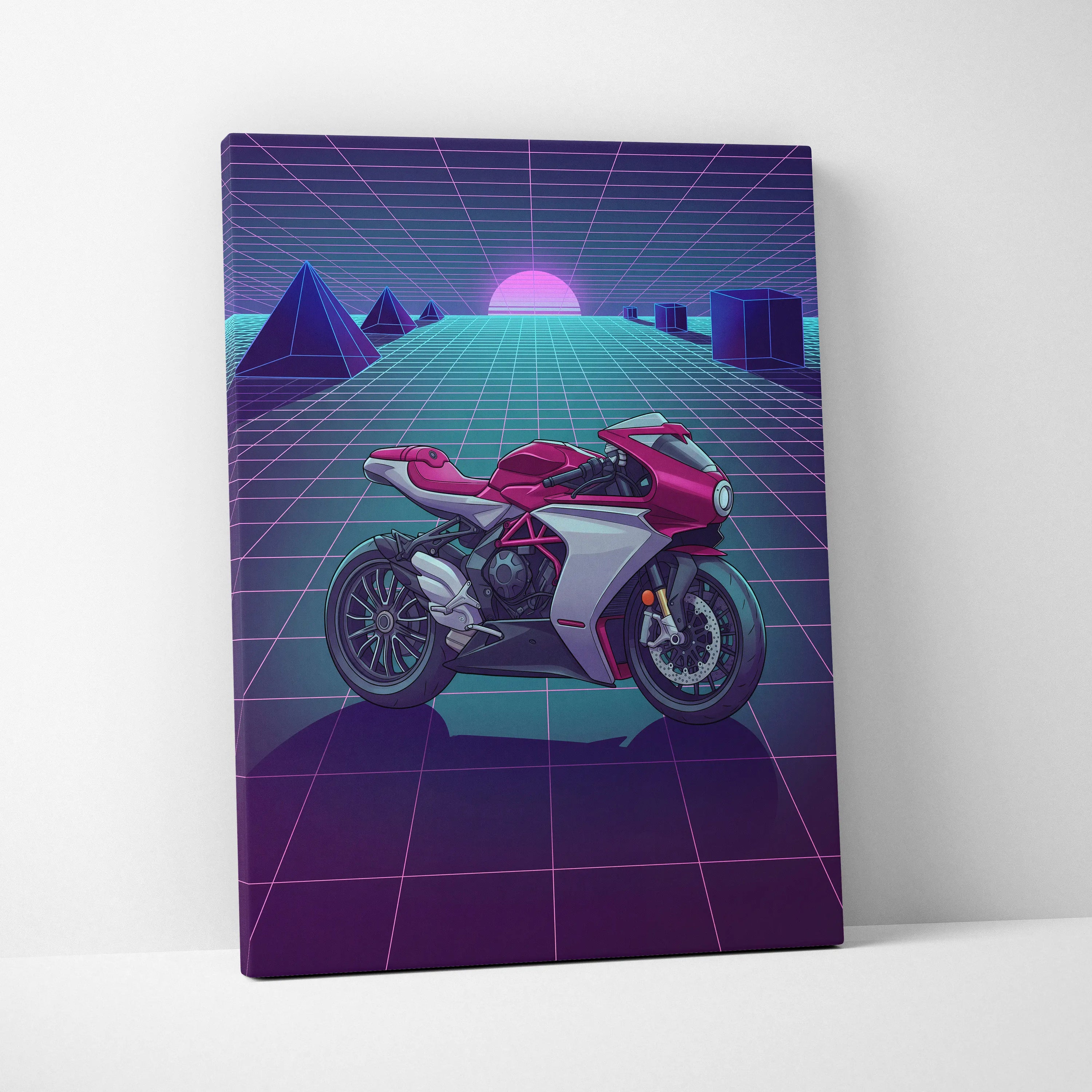 MV Agusta Superveloce Inspired Red Silver Vaporwave Motorcycle Canvas Wall Art Neon Grid Sportbike Artwork Retro Futuristic Garage Decor
