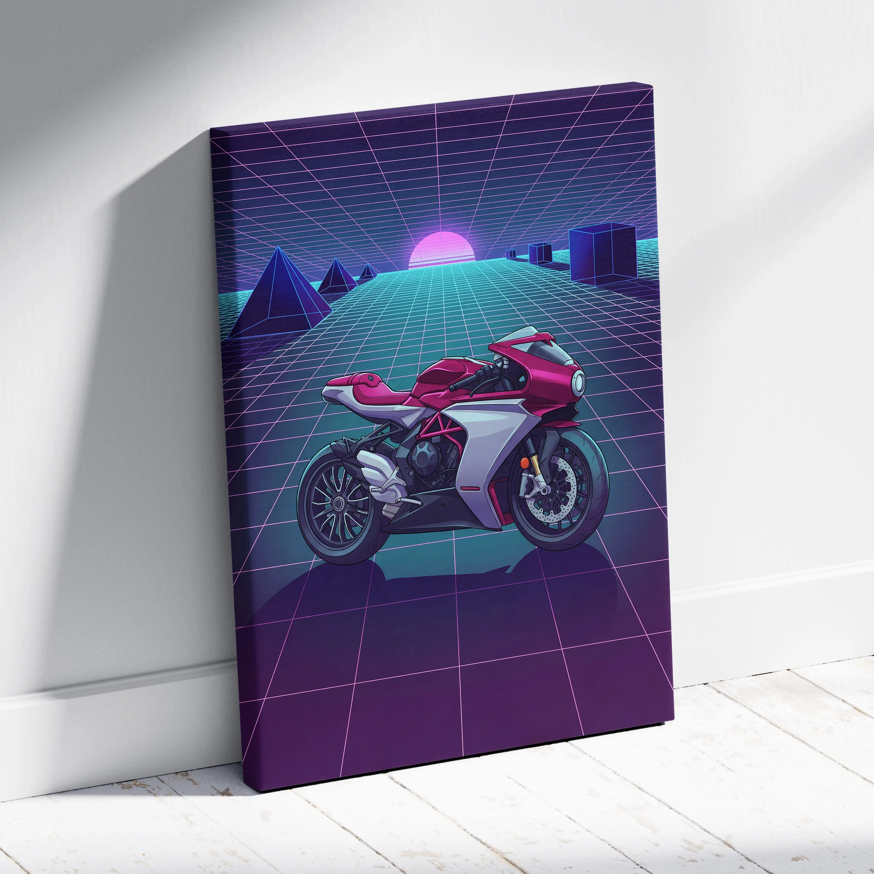 MV Agusta Superveloce Inspired Red Silver Vaporwave Motorcycle Canvas Wall Art Neon Grid Sportbike Artwork Retro Futuristic Garage Decor