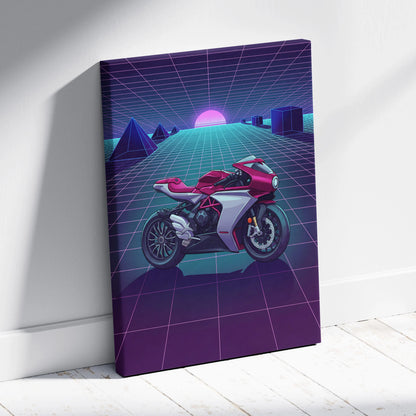 MV Agusta Superveloce Inspired Red Silver Vaporwave Motorcycle Canvas Wall Art Neon Grid Sportbike Artwork Retro Futuristic Garage Decor