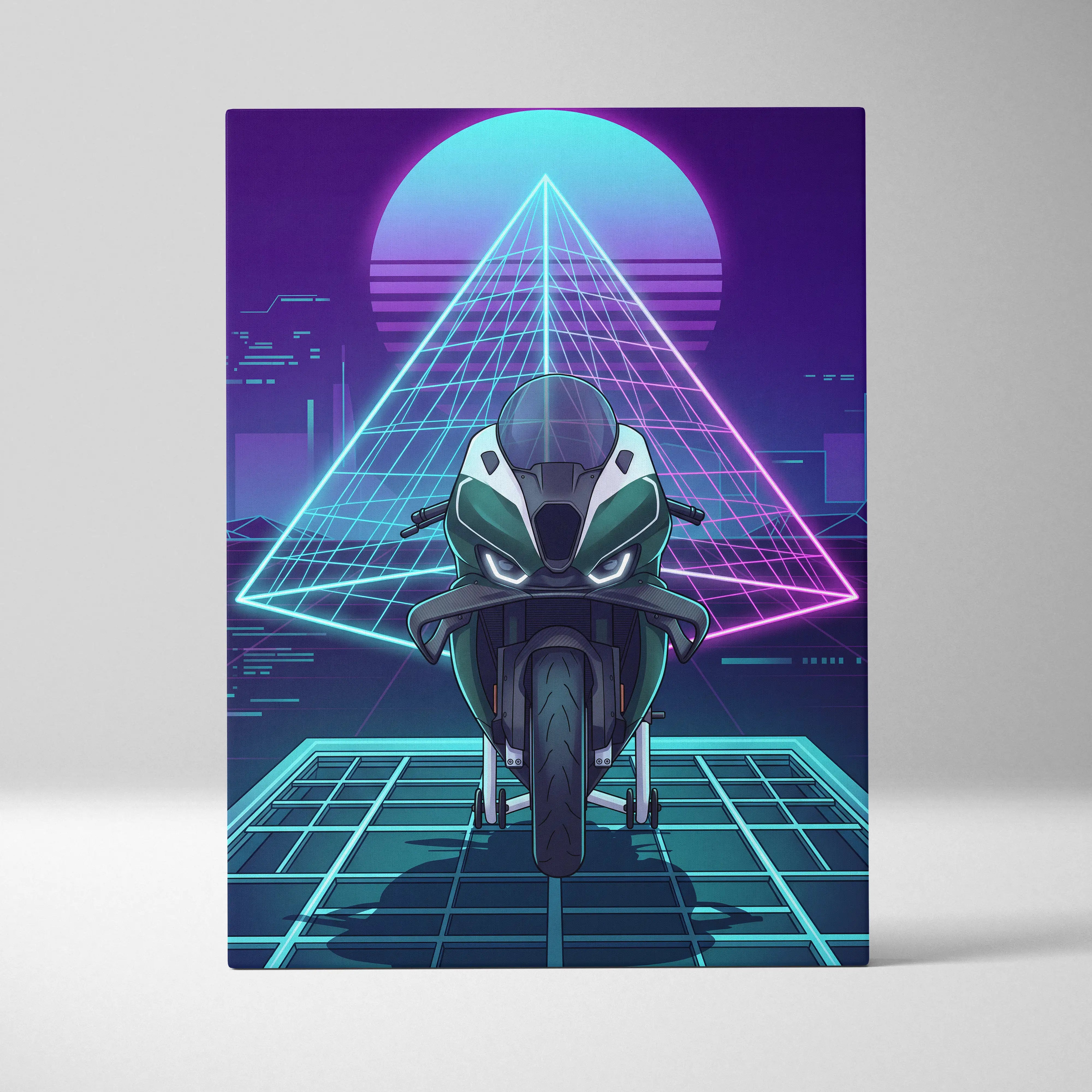 BMW M1000RR Inspired Green Teal Vaporwave Motorcycle Canvas Wall Art Neon Pyramid Sportbike Artwork Cyberpunk Garage Decor