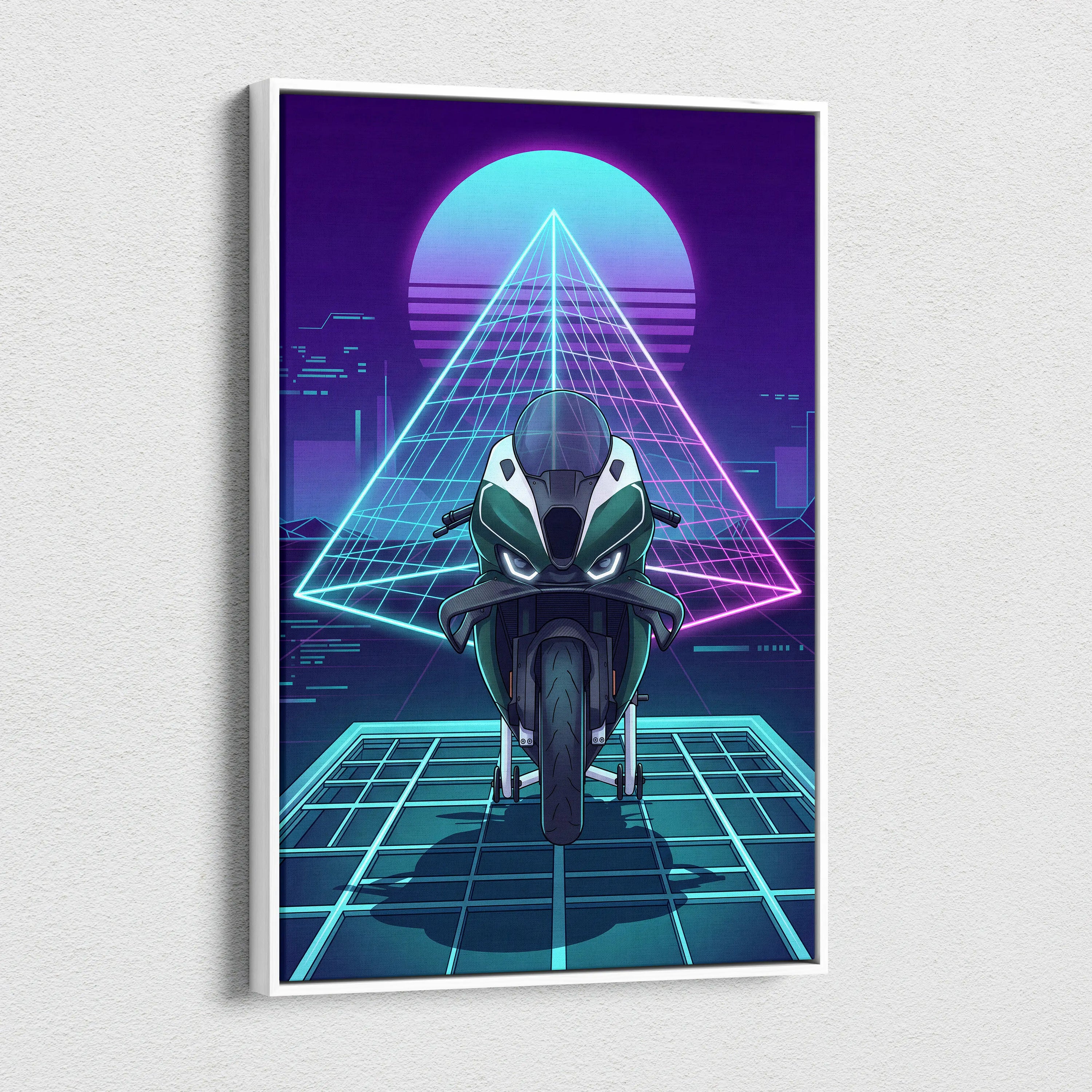 BMW M1000RR Inspired Green Teal Vaporwave Motorcycle Canvas Wall Art Neon Pyramid Sportbike Artwork Cyberpunk Garage Decor