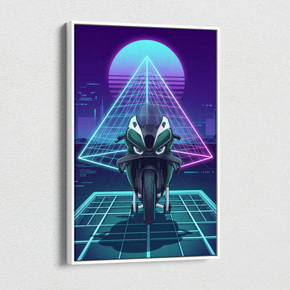 BMW M1000RR Inspired Green Teal Vaporwave Motorcycle Canvas Wall Art Neon Pyramid Sportbike Artwork Cyberpunk Garage Decor