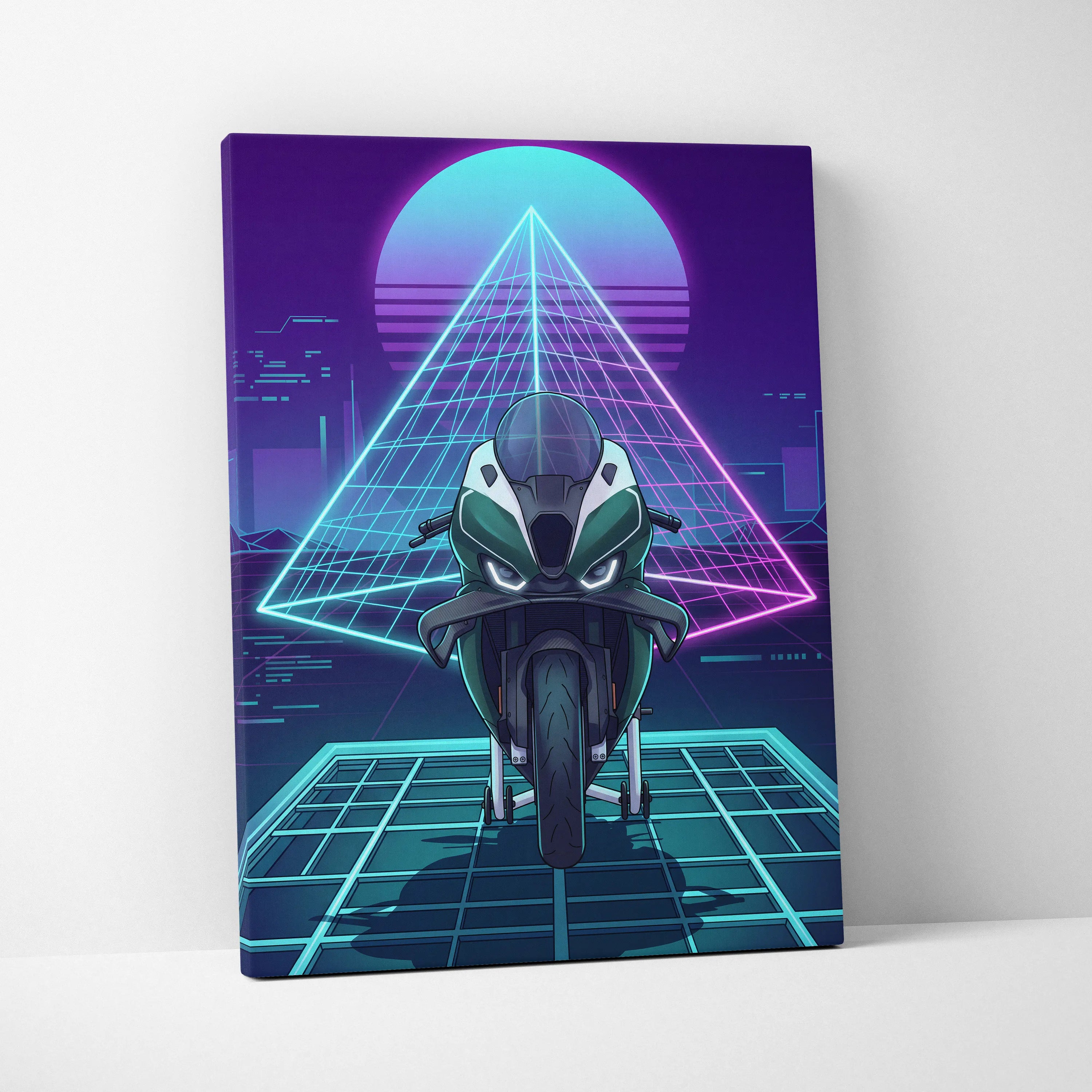 BMW M1000RR Inspired Green Teal Vaporwave Motorcycle Canvas Wall Art Neon Pyramid Sportbike Artwork Cyberpunk Garage Decor