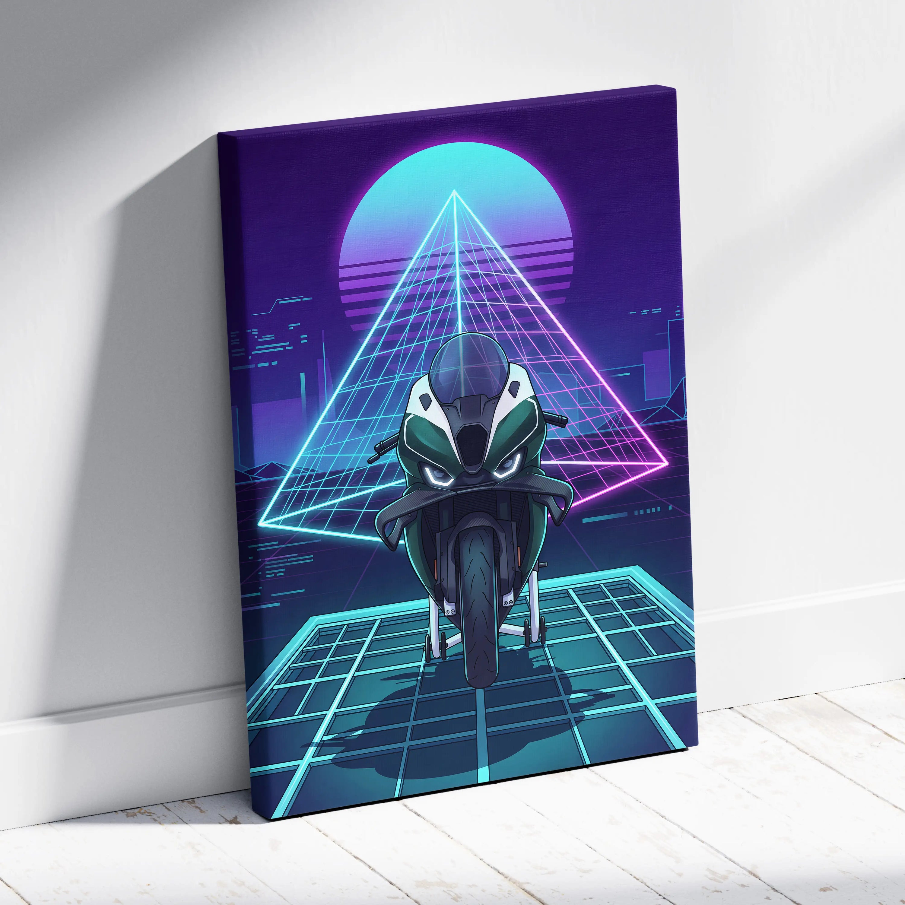 BMW M1000RR Inspired Green Teal Vaporwave Motorcycle Canvas Wall Art Neon Pyramid Sportbike Artwork Cyberpunk Garage Decor
