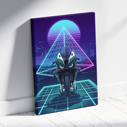 BMW M1000RR Inspired Green Teal Vaporwave Motorcycle Canvas Wall Art Neon Pyramid Sportbike Artwork Cyberpunk Garage Decor