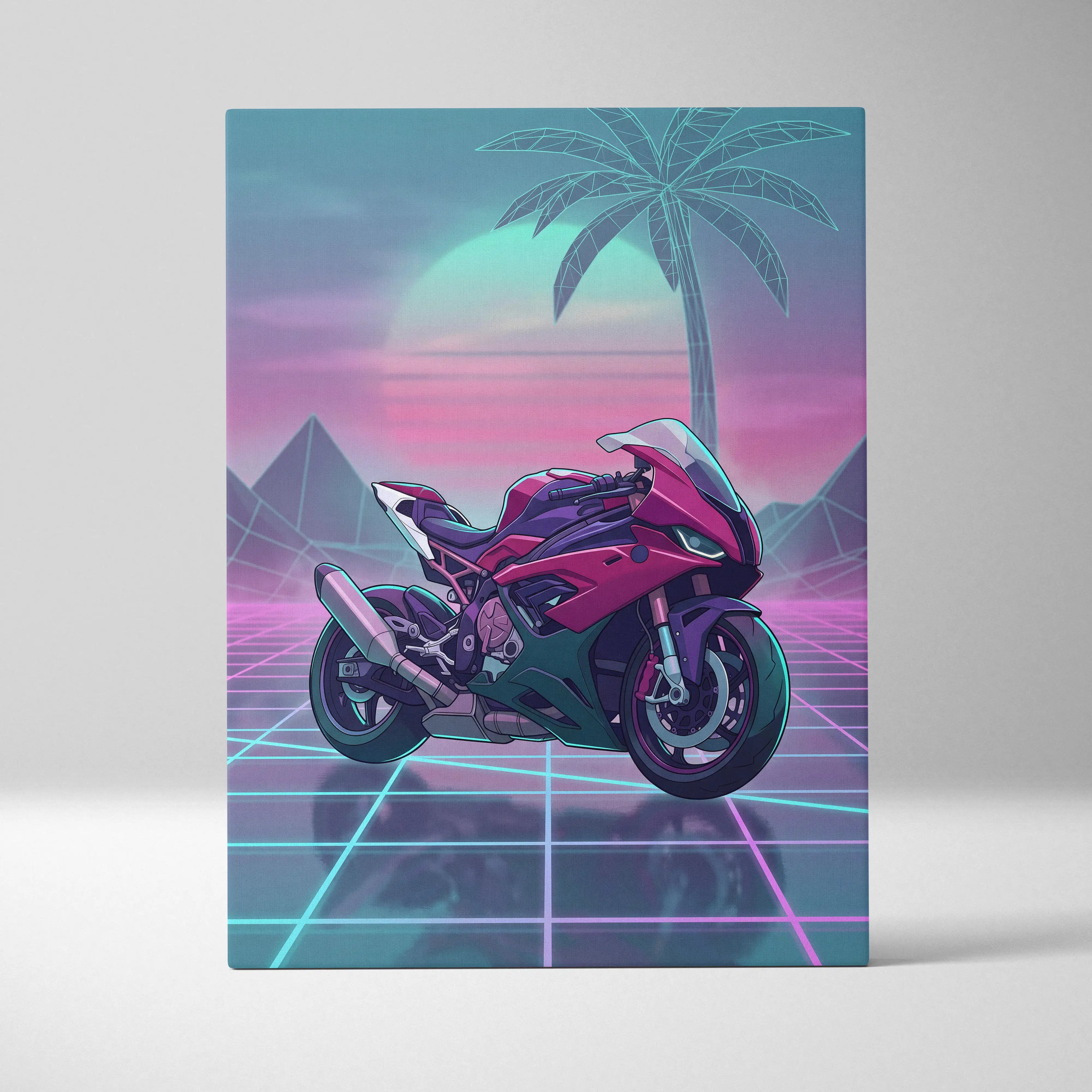 BMW S1000RR Inspired Pink Teal Motorcycle Canvas Wall Art Vaporwave Neon Grid Sportbike Artwork for Garage Decor Retro Futuristic Print