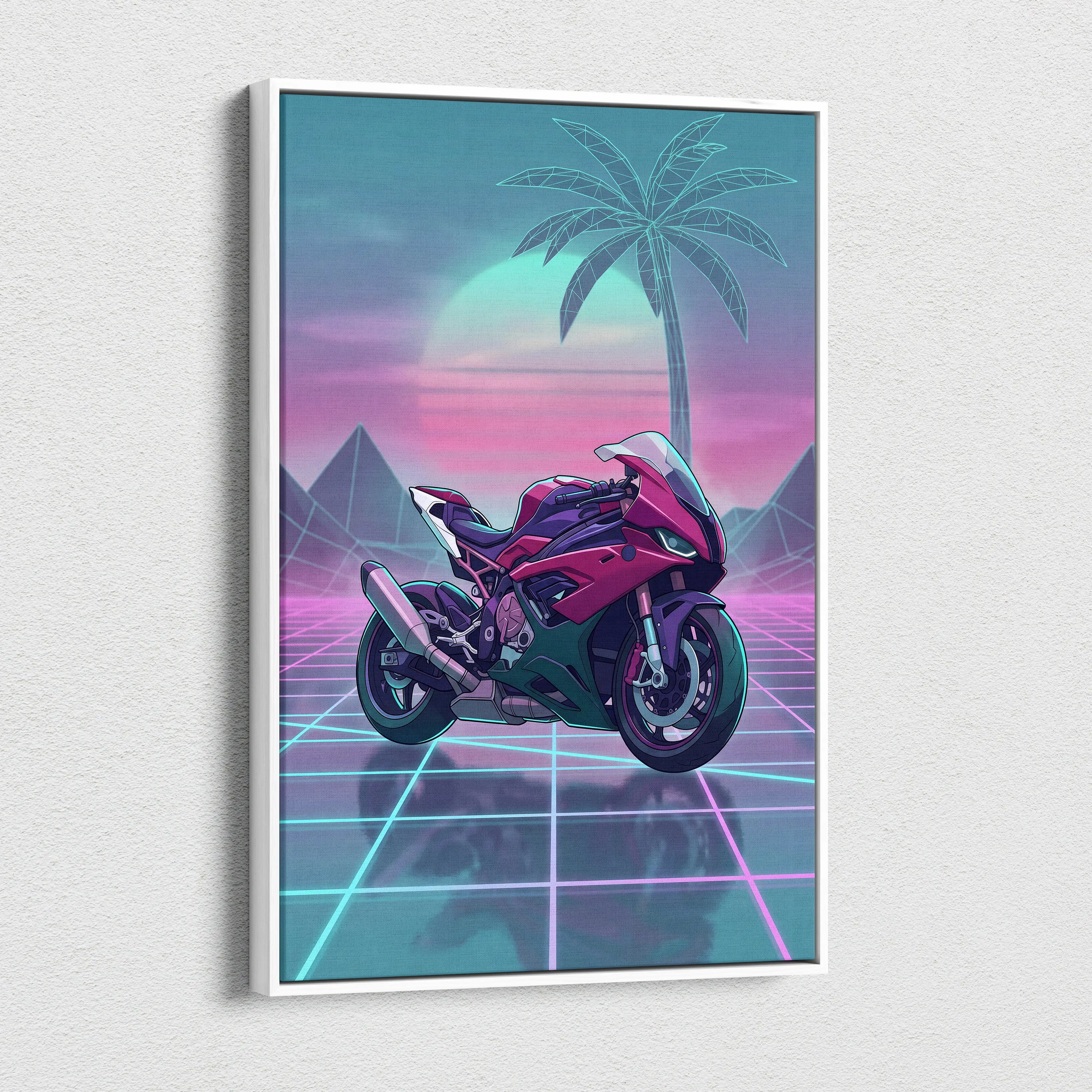 BMW S1000RR Inspired Pink Teal Motorcycle Canvas Wall Art Vaporwave Neon Grid Sportbike Artwork for Garage Decor Retro Futuristic Print