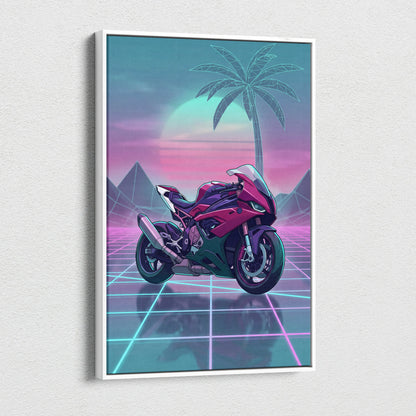 BMW S1000RR Inspired Pink Teal Motorcycle Canvas Wall Art Vaporwave Neon Grid Sportbike Artwork for Garage Decor Retro Futuristic Print