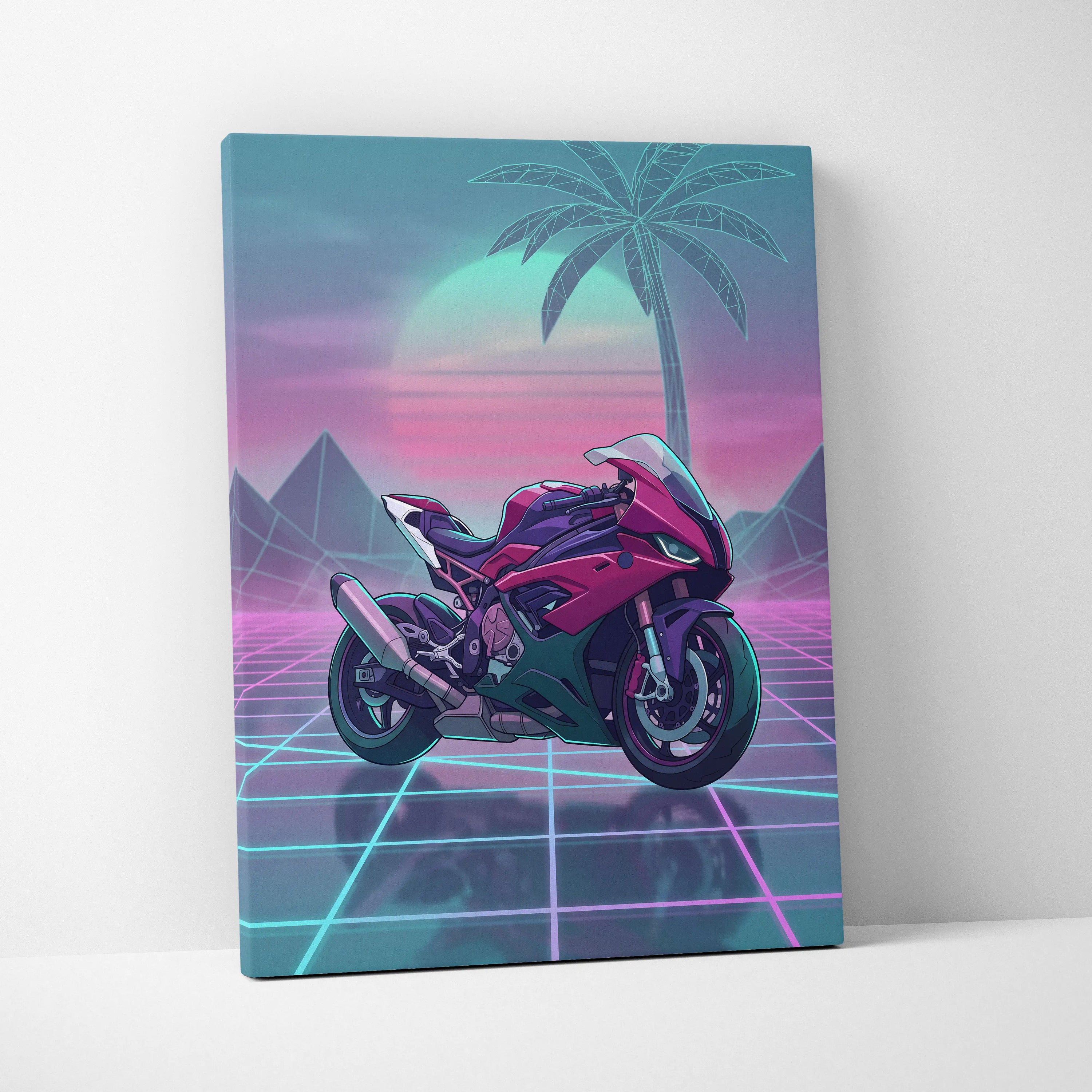 BMW S1000RR Inspired Pink Teal Motorcycle Canvas Wall Art Vaporwave Neon Grid Sportbike Artwork for Garage Decor Retro Futuristic Print