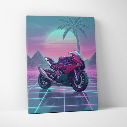 BMW S1000RR Inspired Pink Teal Motorcycle Canvas Wall Art Vaporwave Neon Grid Sportbike Artwork for Garage Decor Retro Futuristic Print