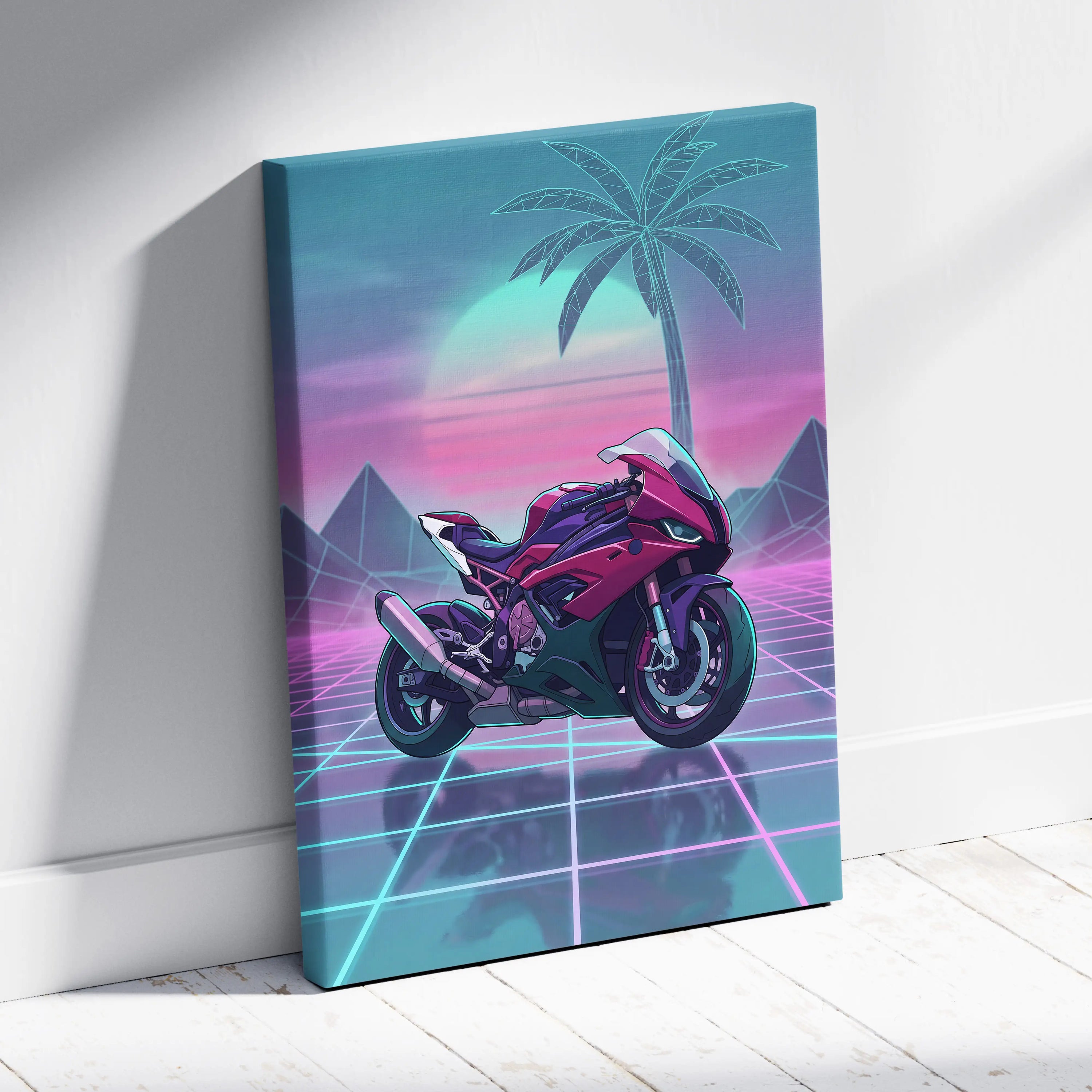 BMW S1000RR Inspired Pink Teal Motorcycle Canvas Wall Art Vaporwave Neon Grid Sportbike Artwork for Garage Decor Retro Futuristic Print