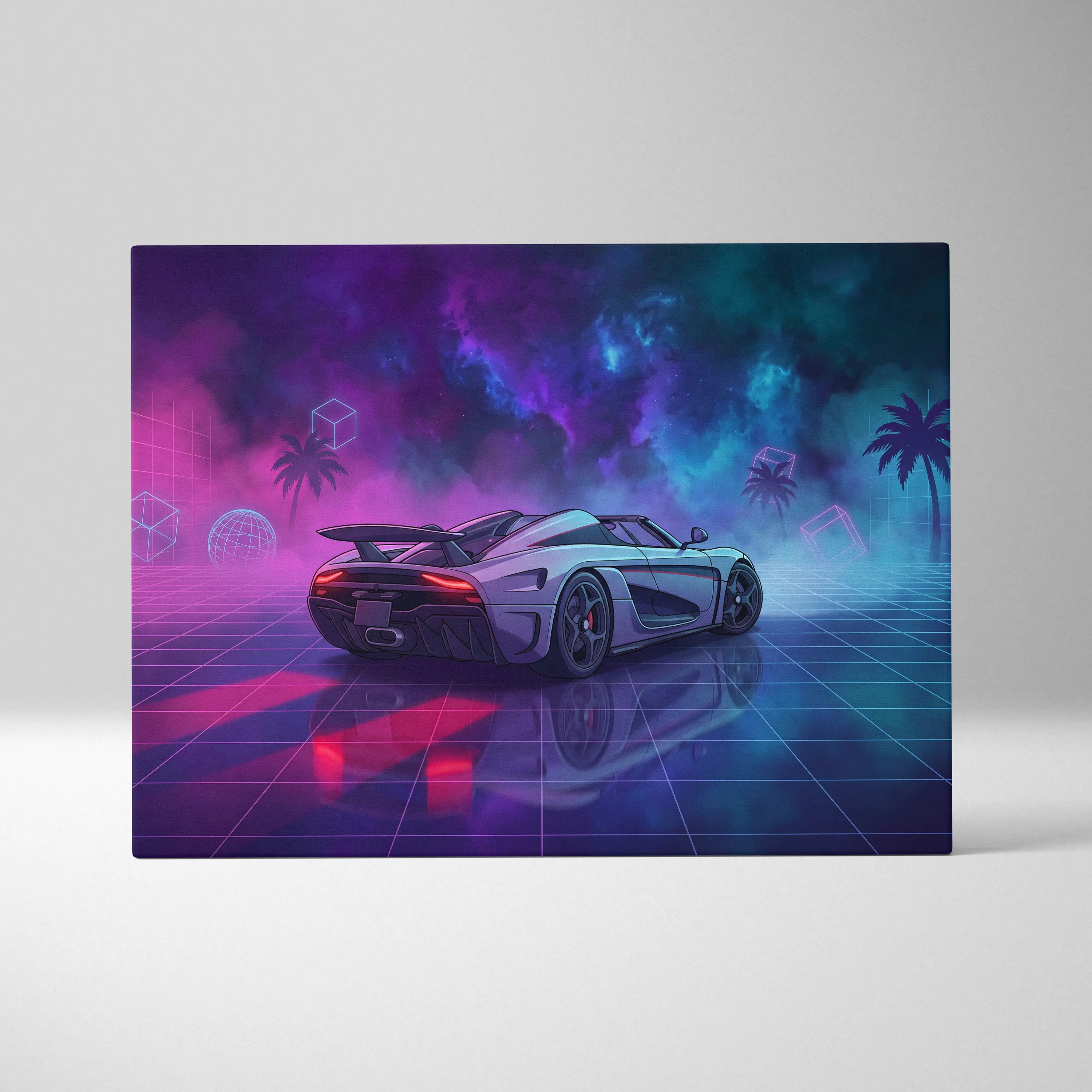 Koenigsegg Regera Inspired Silver Purple Canvas Wall Art, Vaporwave Hypercar Artwork, Neon Grid Garage Decor, Retro Futuristic Exotic Print