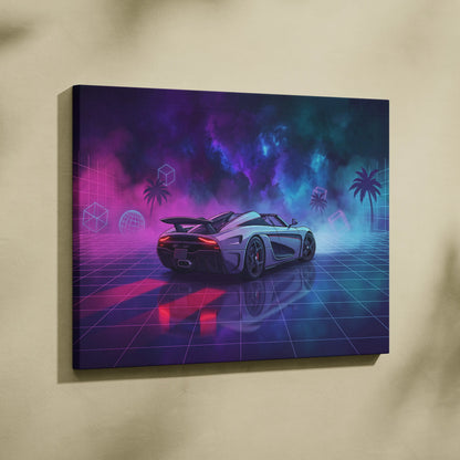 Koenigsegg Agera RS Inspired White Purple Canvas Wall Art, Vaporwave Hypercar Artwork, Neon Grid Garage Decor, Retro Futuristic Exotic Car Print
