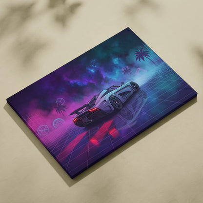 Koenigsegg Agera RS Inspired White Purple Canvas Wall Art, Vaporwave Hypercar Artwork, Neon Grid Garage Decor, Retro Futuristic Exotic Car Print