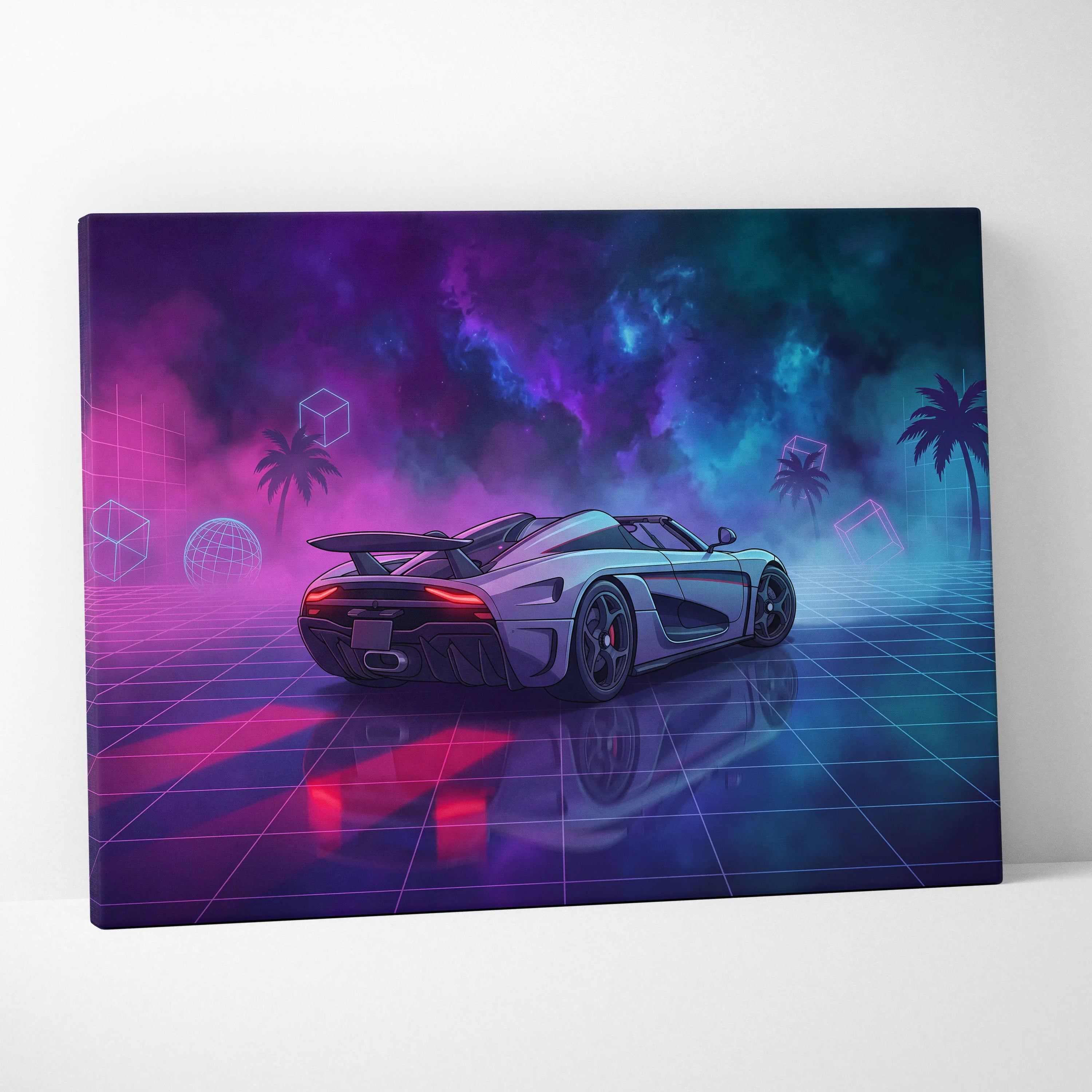 Koenigsegg Agera RS Inspired White Purple Canvas Wall Art, Vaporwave Hypercar Artwork, Neon Grid Garage Decor, Retro Futuristic Exotic Car Print