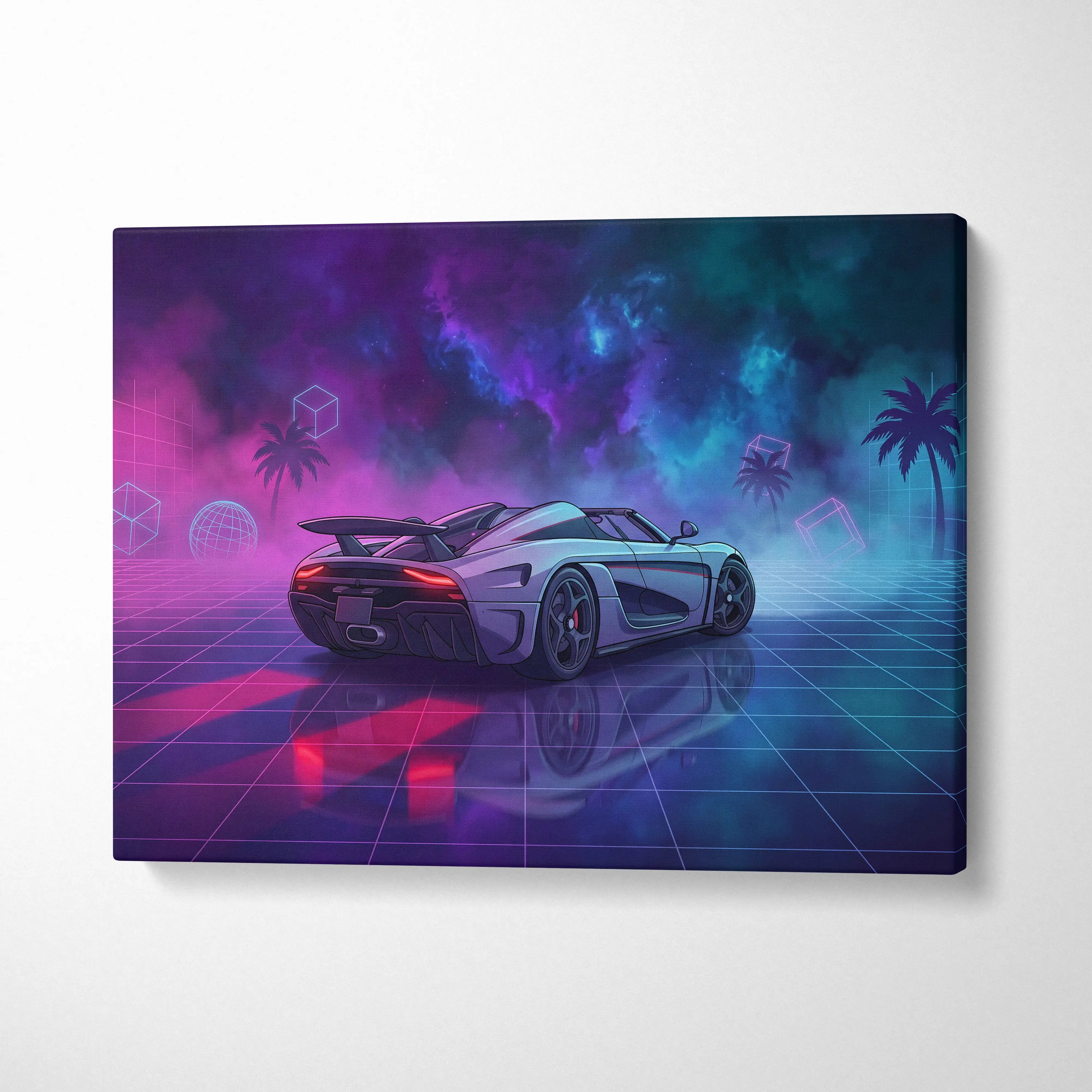 Koenigsegg Agera RS Inspired White Purple Canvas Wall Art, Vaporwave Hypercar Artwork, Neon Grid Garage Decor, Retro Futuristic Exotic Car Print