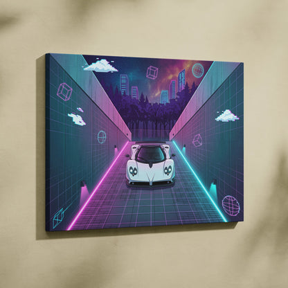 Pagani Zonda Inspired White Purple Canvas Wall Art Vaporwave Neon Alley Hypercar Artwork, Cyberpunk City Garage Decor