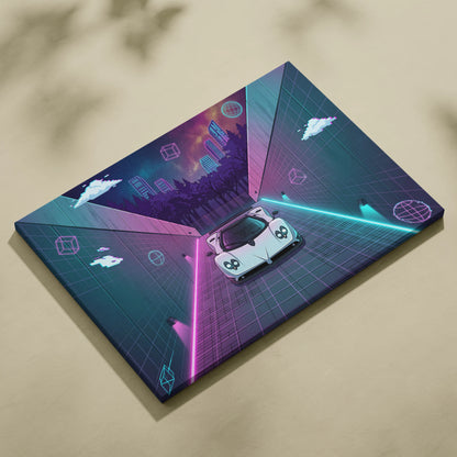 Pagani Zonda Inspired White Purple Canvas Wall Art Vaporwave Neon Alley Hypercar Artwork, Cyberpunk City Garage Decor