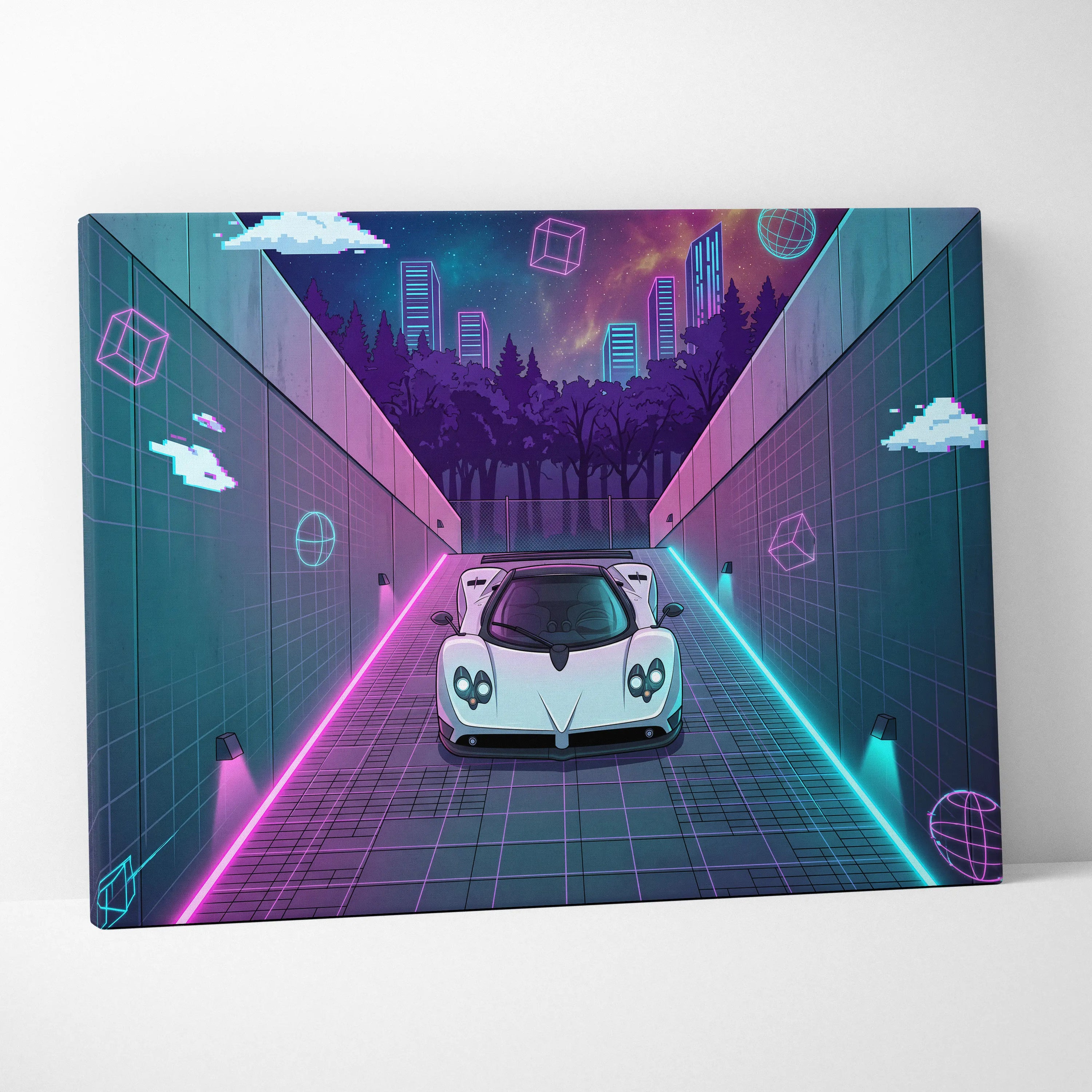 Pagani Zonda Inspired White Purple Canvas Wall Art Vaporwave Neon Alley Hypercar Artwork, Cyberpunk City Garage Decor