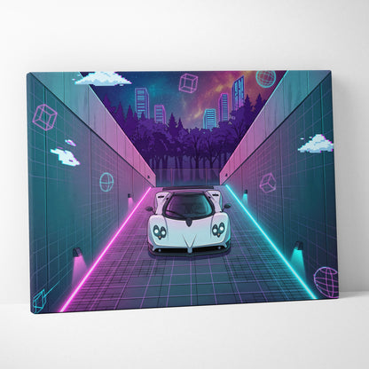 Pagani Zonda Inspired White Purple Canvas Wall Art Vaporwave Neon Alley Hypercar Artwork, Cyberpunk City Garage Decor